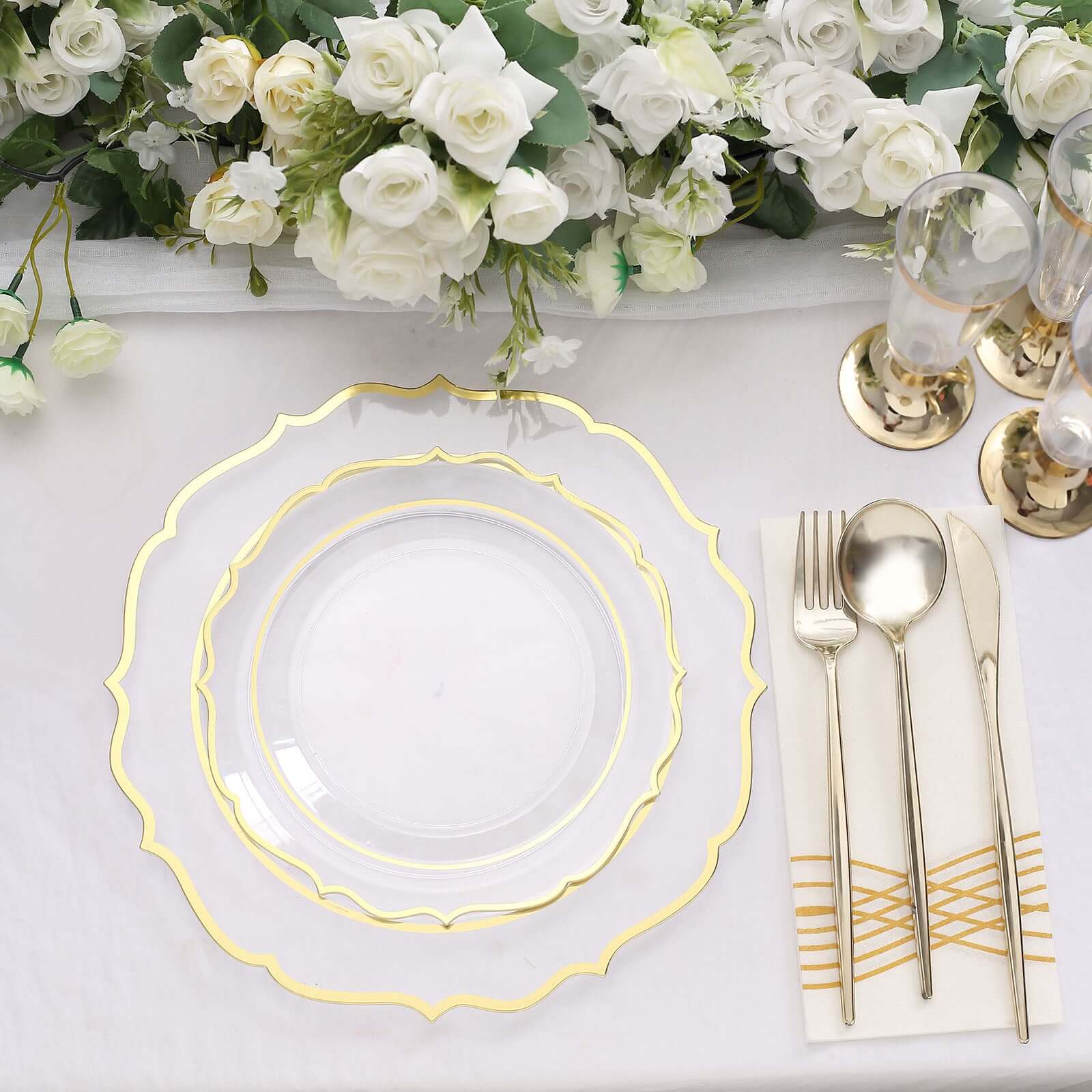 10-Piece Set of Clear Plastic Round Dinner Plates with Gold Scalloped Rims - Disposable for Parties