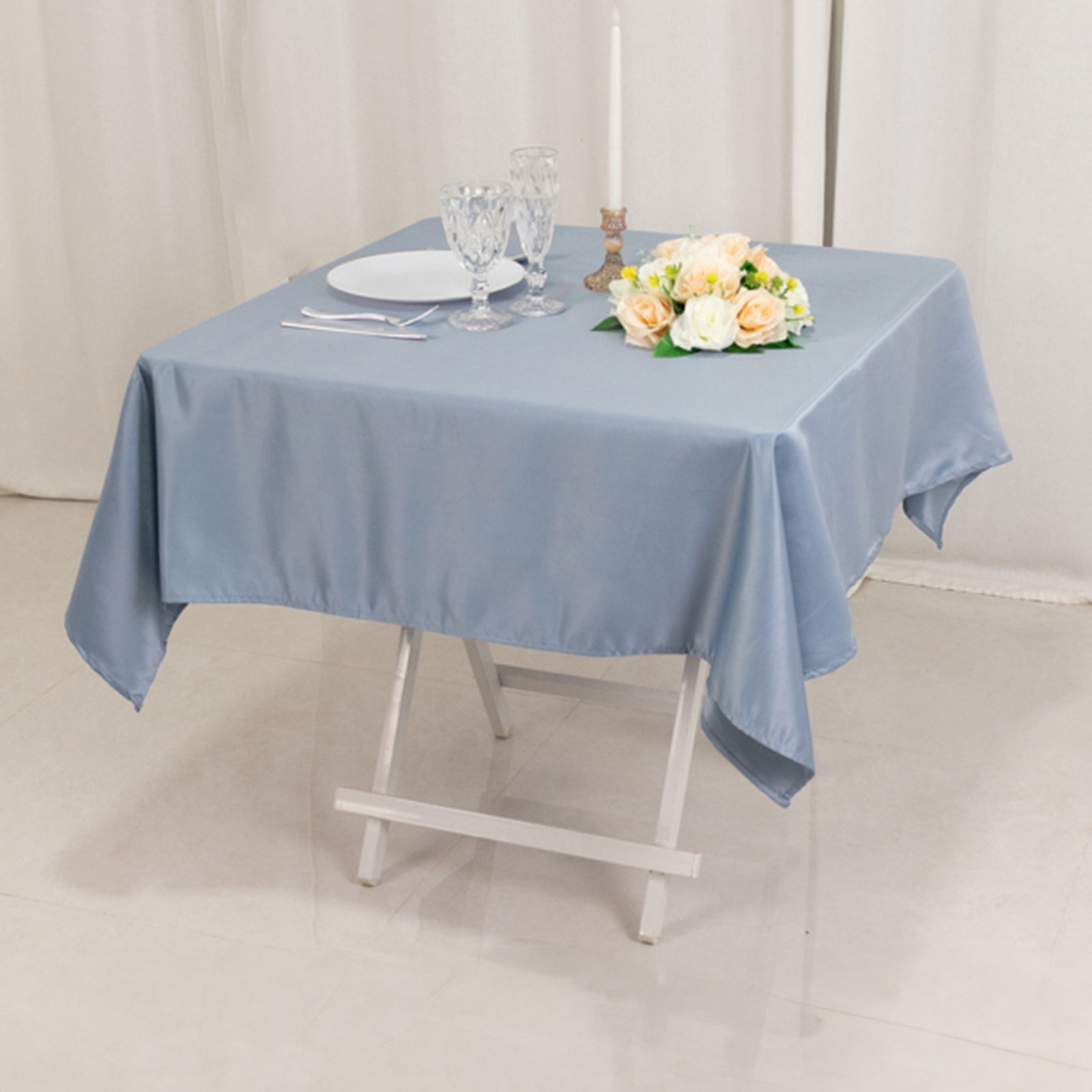 Exclusive Dusty Blue Lamour Satin 54x54 Square Table Overlay - Durable & Silk-Like