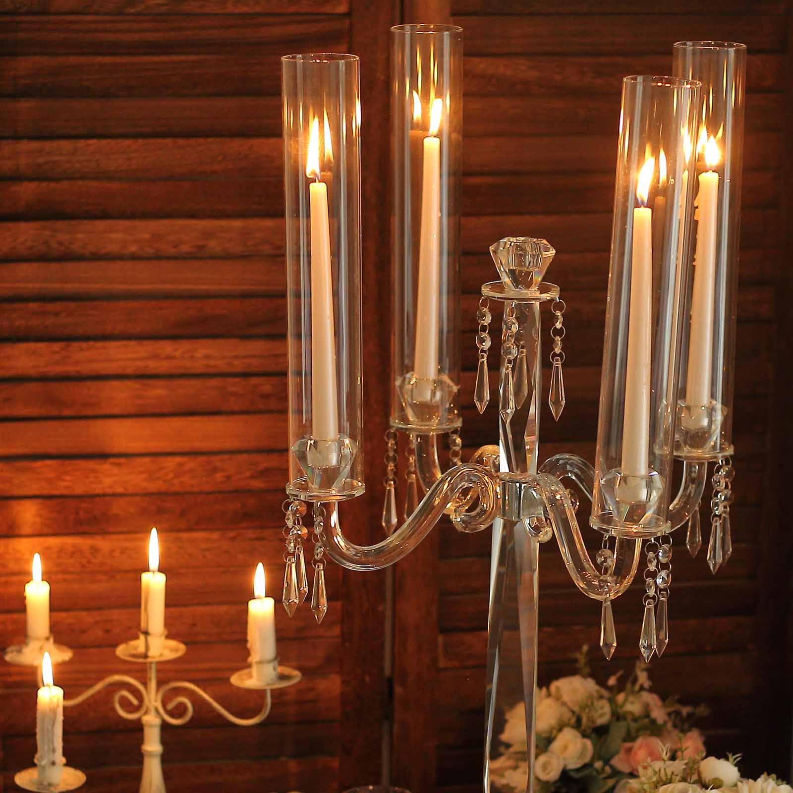 36-Inch 4-Arm Decorative Crystal Glass Taper Candle Holder Candelabra with Chandelier Chains