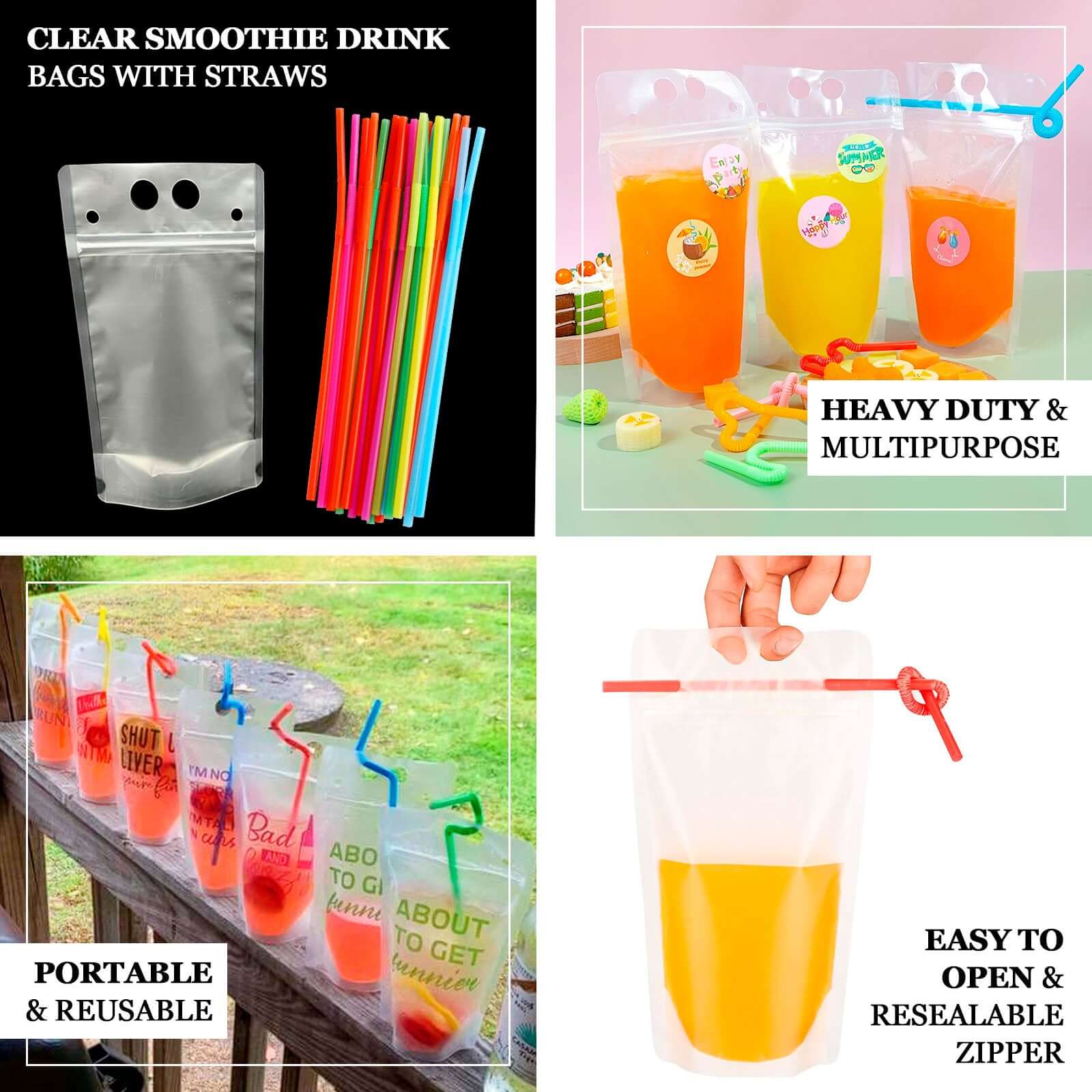 50-Pack Clear 12oz Plastic Reclosable Drink Pouches with Straws - Ideal for Travel & Festivals