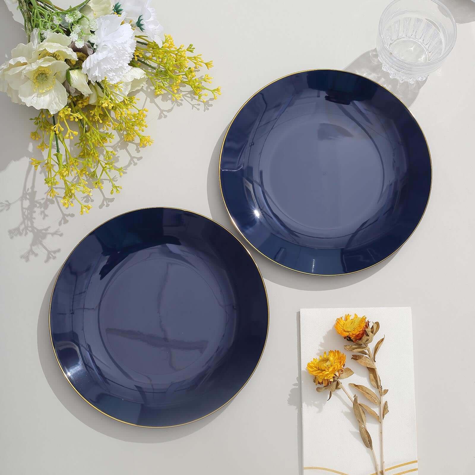 Hot Deal! 10-Piece Set of Disposable Navy Blue Plastic Round Dessert Plates with Gold Rim