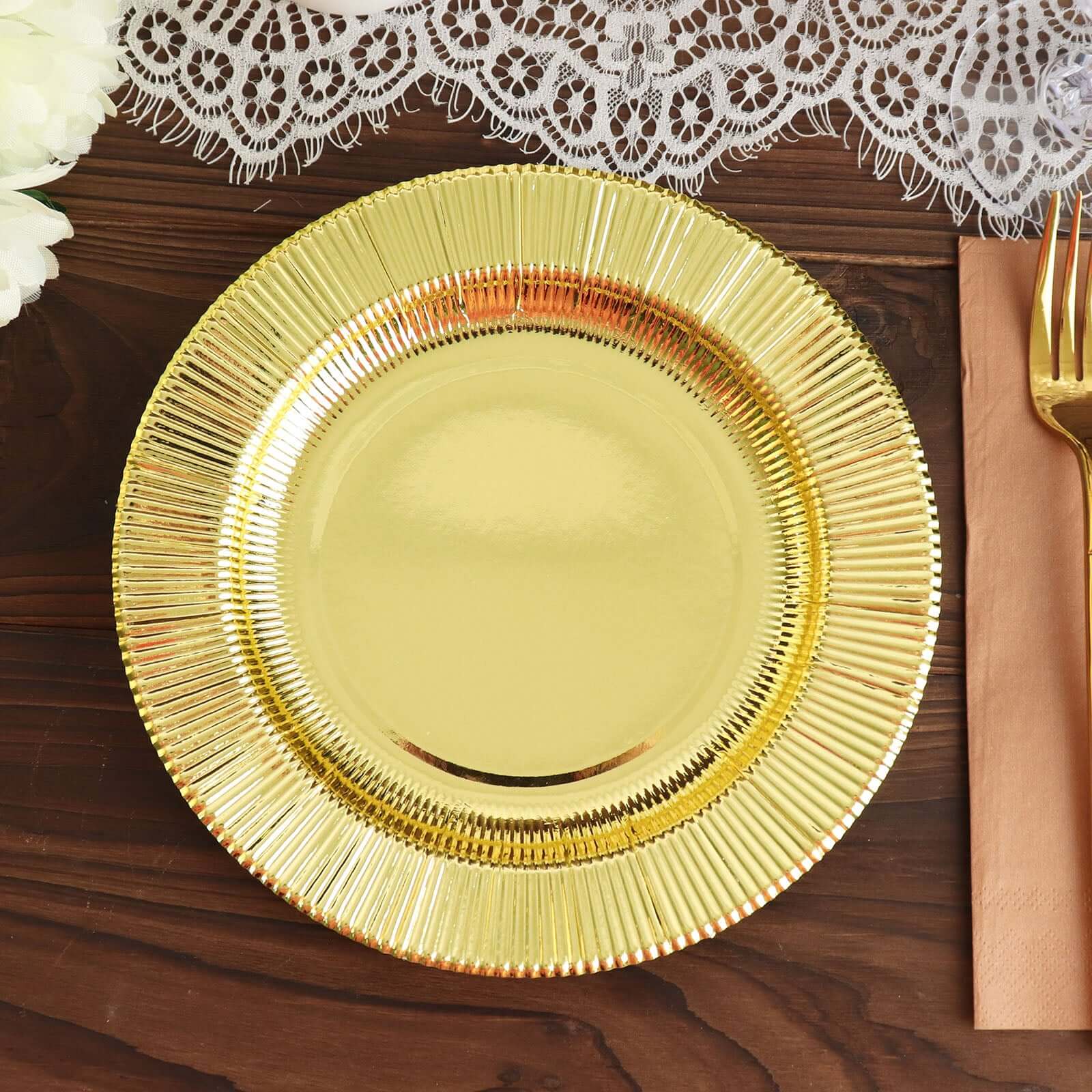 25-Piece Set of Disposable 8-Inch Round Metallic Gold Sunray Design Paper Dessert Plates - Heavy Duty 350GSM
