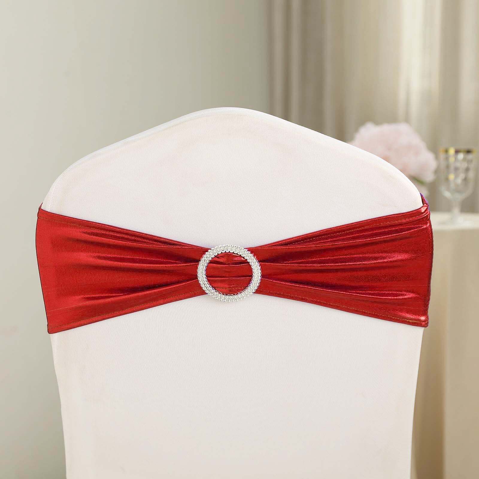 5-Pack Metallic Red Spandex Chair Sashes with Round Diamond Buckles - Stretch Fit for Parties