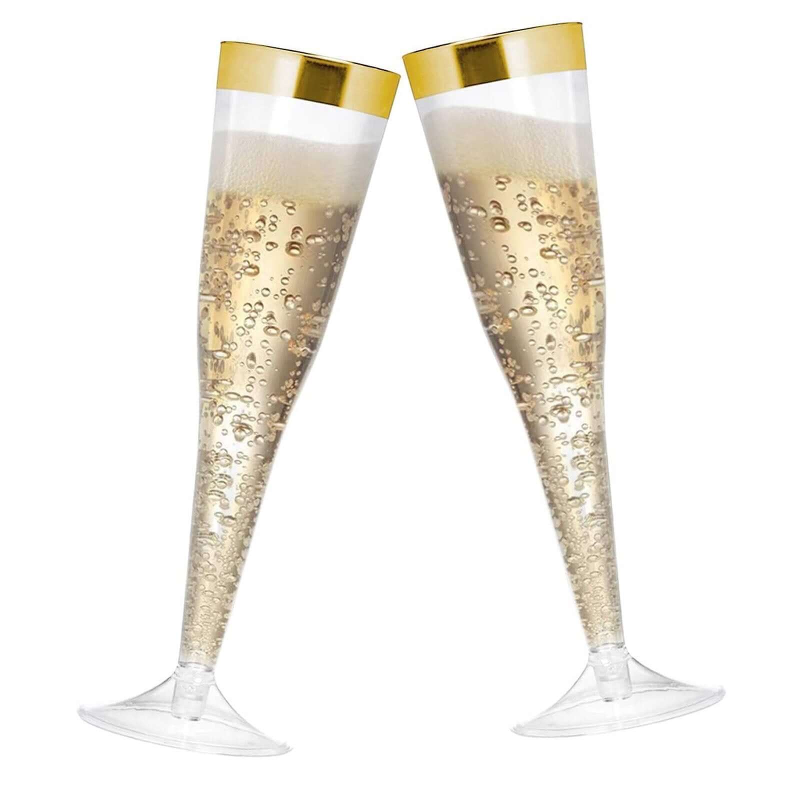 12-Pack Stylish Disposable 6oz Plastic Champagne Flutes with Detachable Base, Clear with Gold Rim