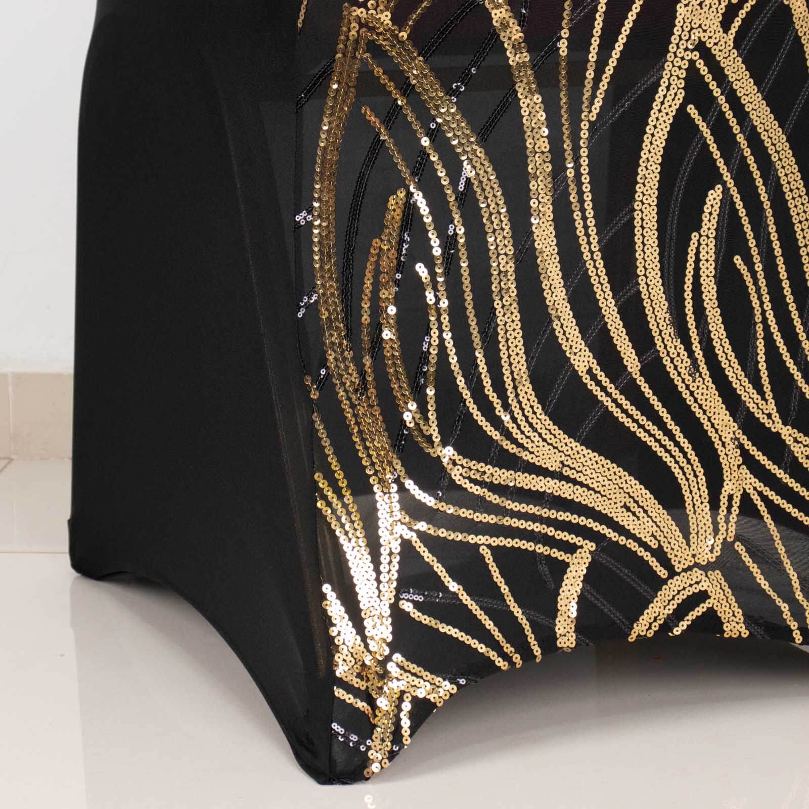 Sparkling Black/Gold Spandex Banquet Chair Cover with Wave Embroidered Sequins - Fitted Stretch Slipcover