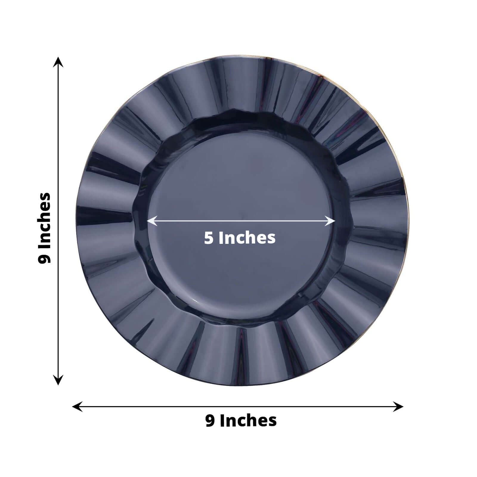 10-Piece Set of Navy Blue Plastic Round Dinner Plates with Gold Edged Ruffled Rim - Sturdy Disposable Dinnerware