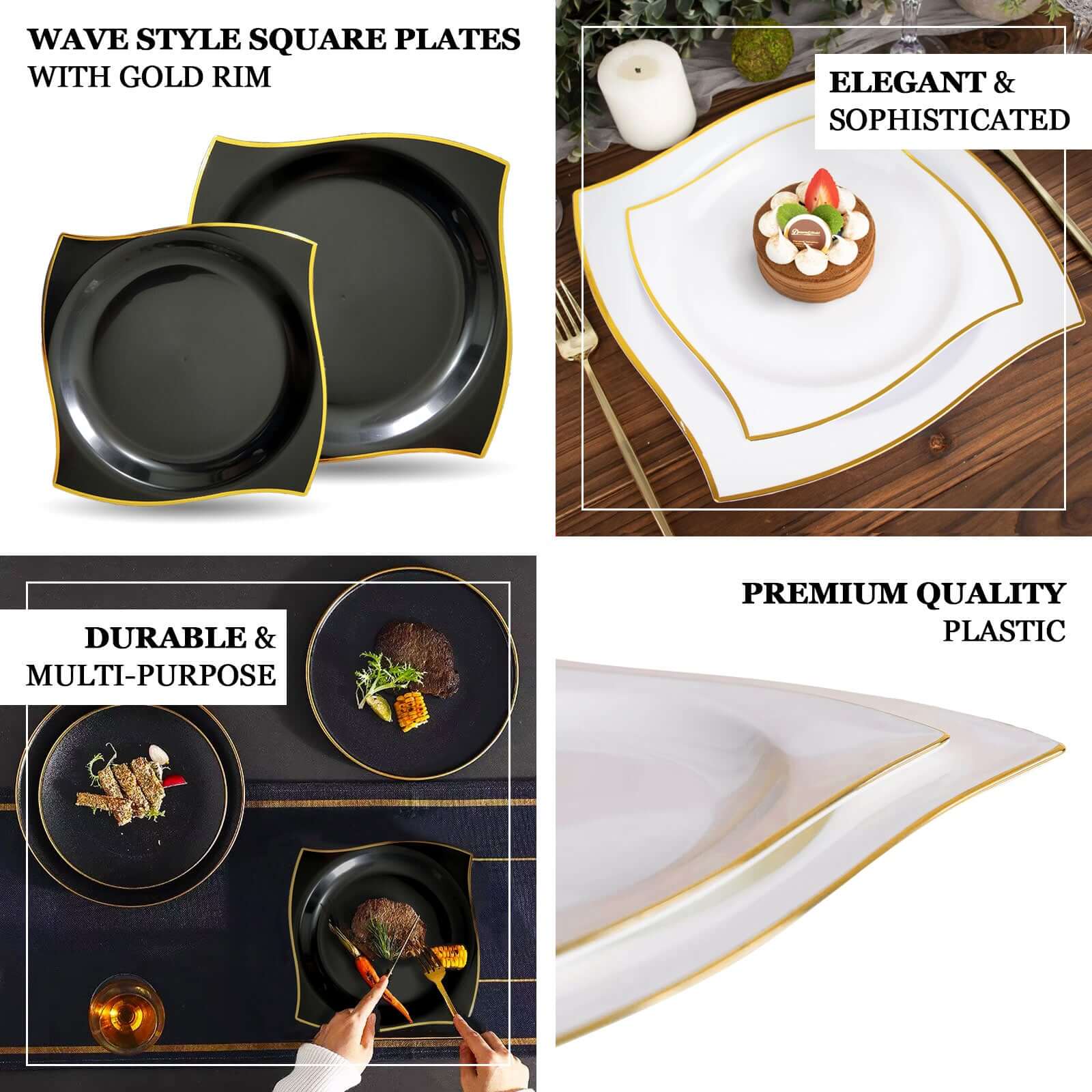 10-Pack Disposable Clear Plastic Square Dinner Plates with Gold Wavy Rim