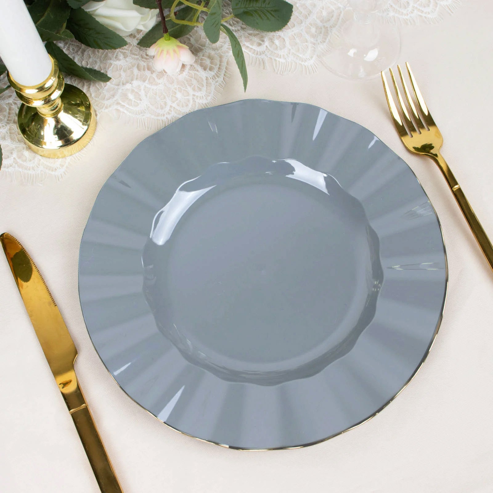 10-Piece Set of Sturdy Disposable 9-Inch Round Dusty Blue Dinner Plates with Gold Ruffled Edging