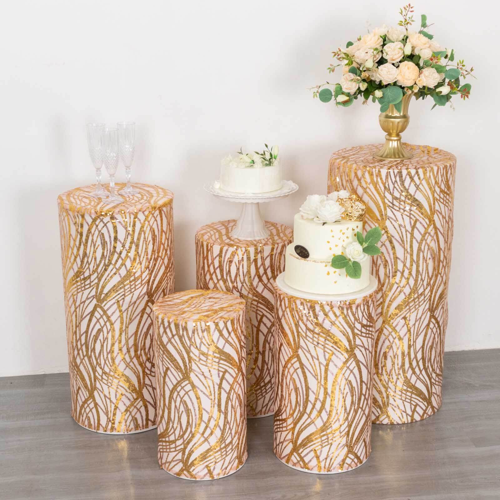 Set of 5 Rose Gold and Gold Sparkly Wave Sequin Mesh Cylinder Pedestal Stand Covers