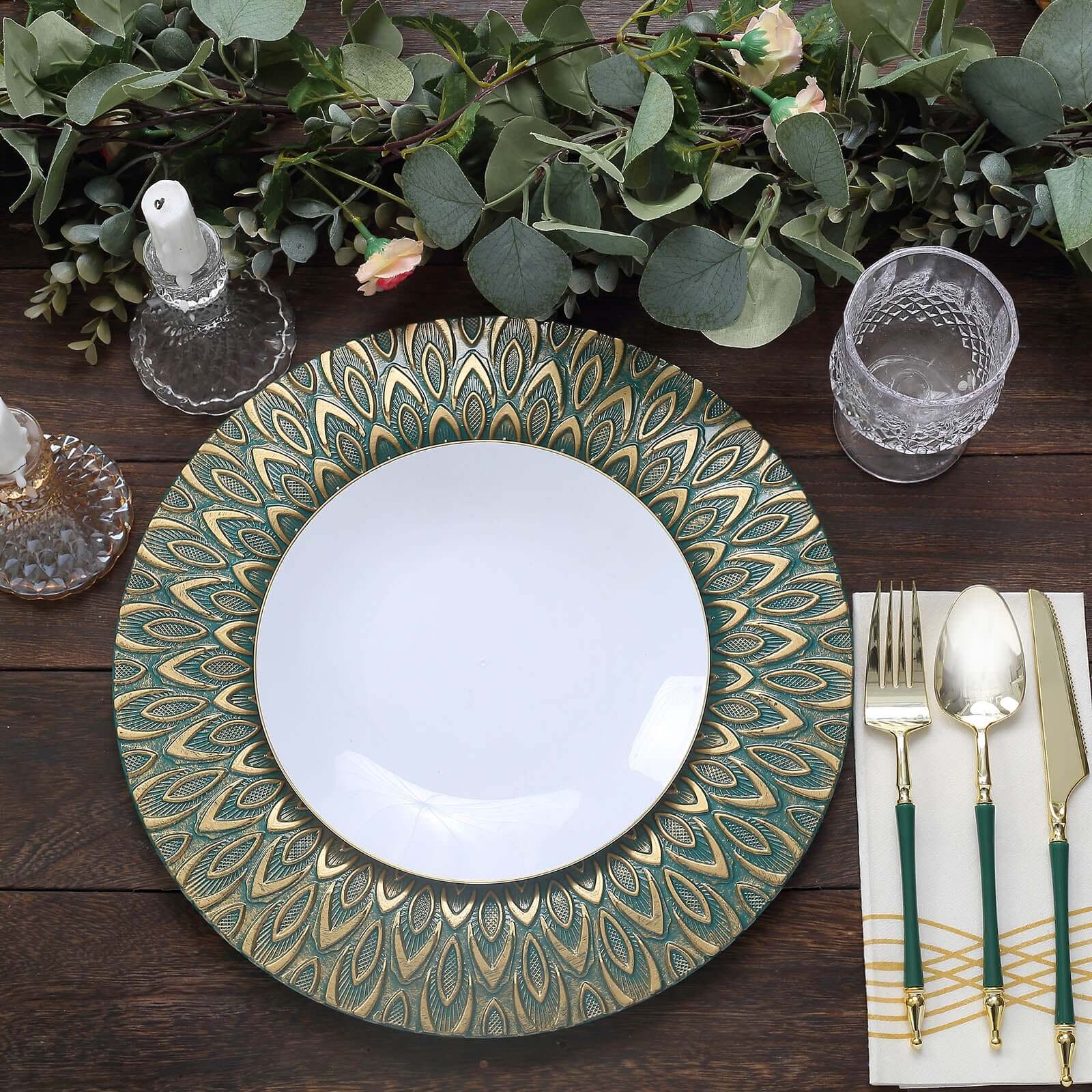 6-Piece Set of 13-Inch Teal Plastic Charger Plates with Gold Embossed Peacock Design