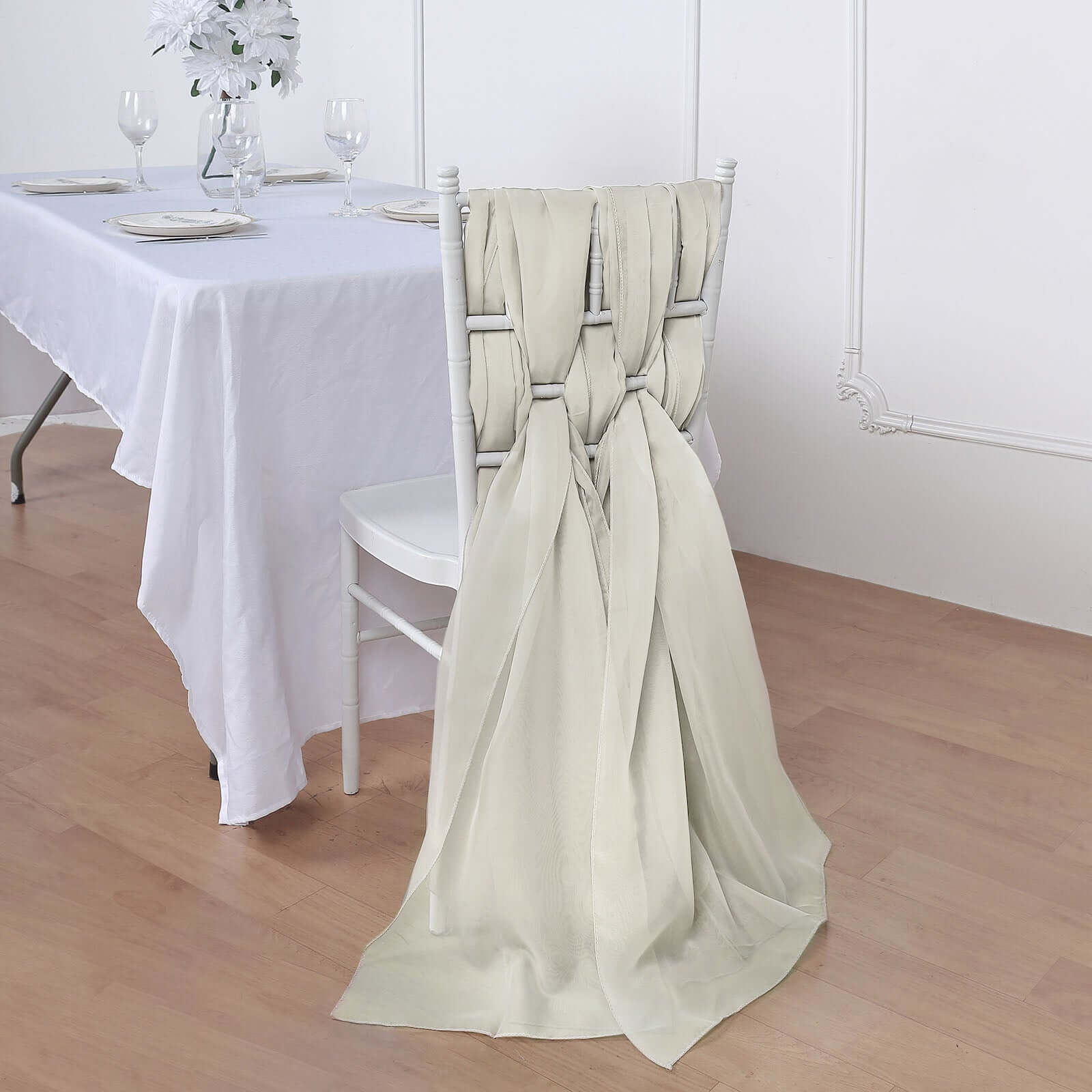 Set of 5 Premium Beige Chiffon Chair Sashes - Soft, Lightweight Designer Bows 22x78