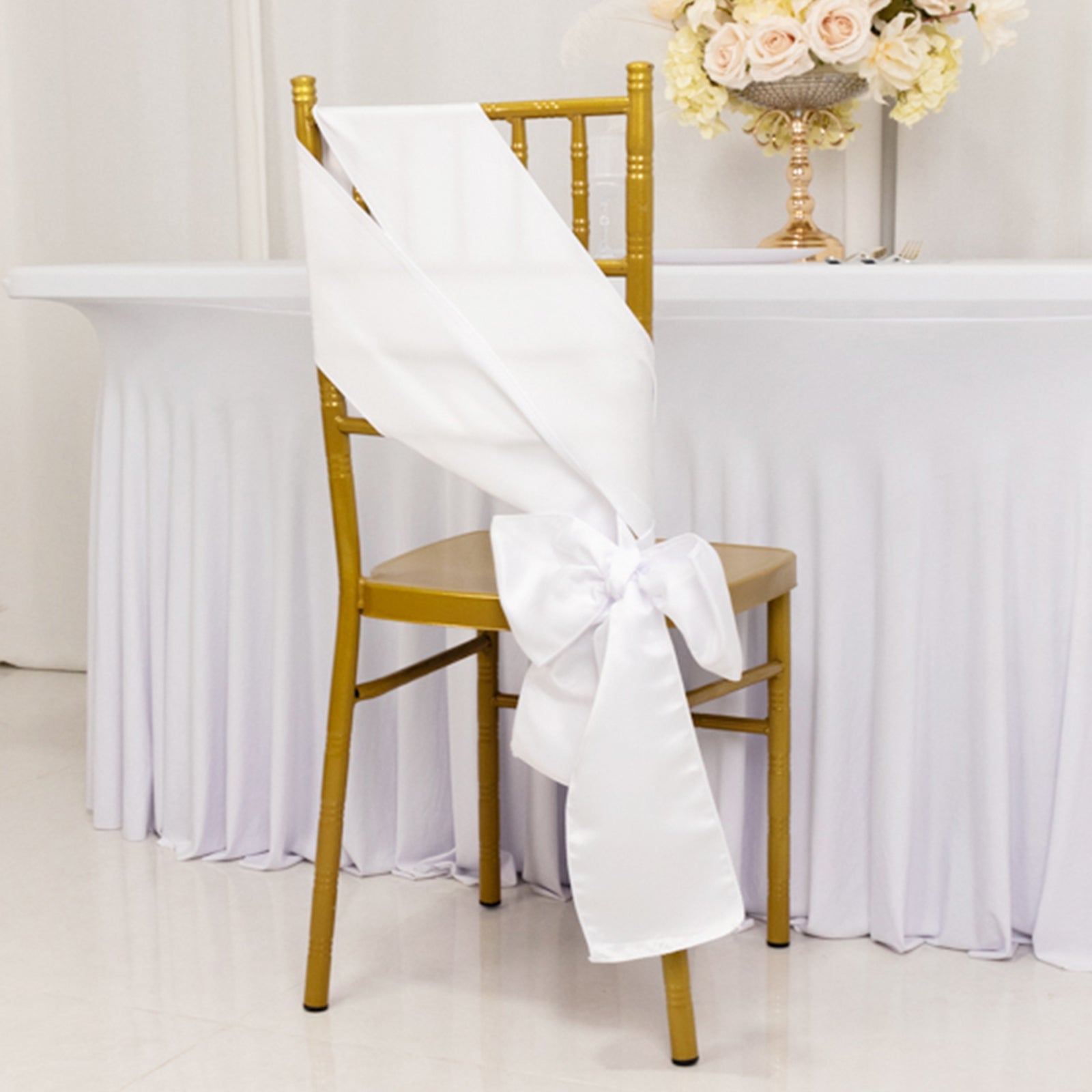5-Pack White Lamour Satin Chair Sashes (6x106) - Stylish Reusable Decor for Weddings & Gatherings