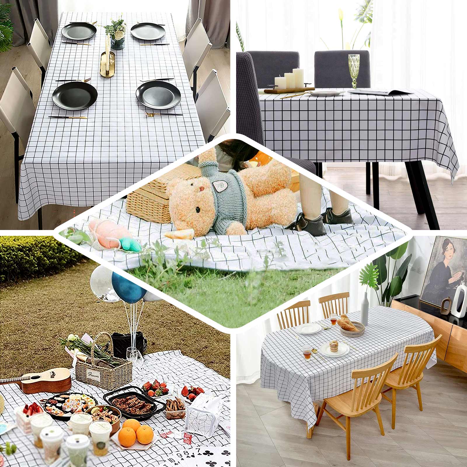 5-Pack Durable Black/White Grid PVC Disposable Plastic Table Covers 54x108 - Perfect for Events