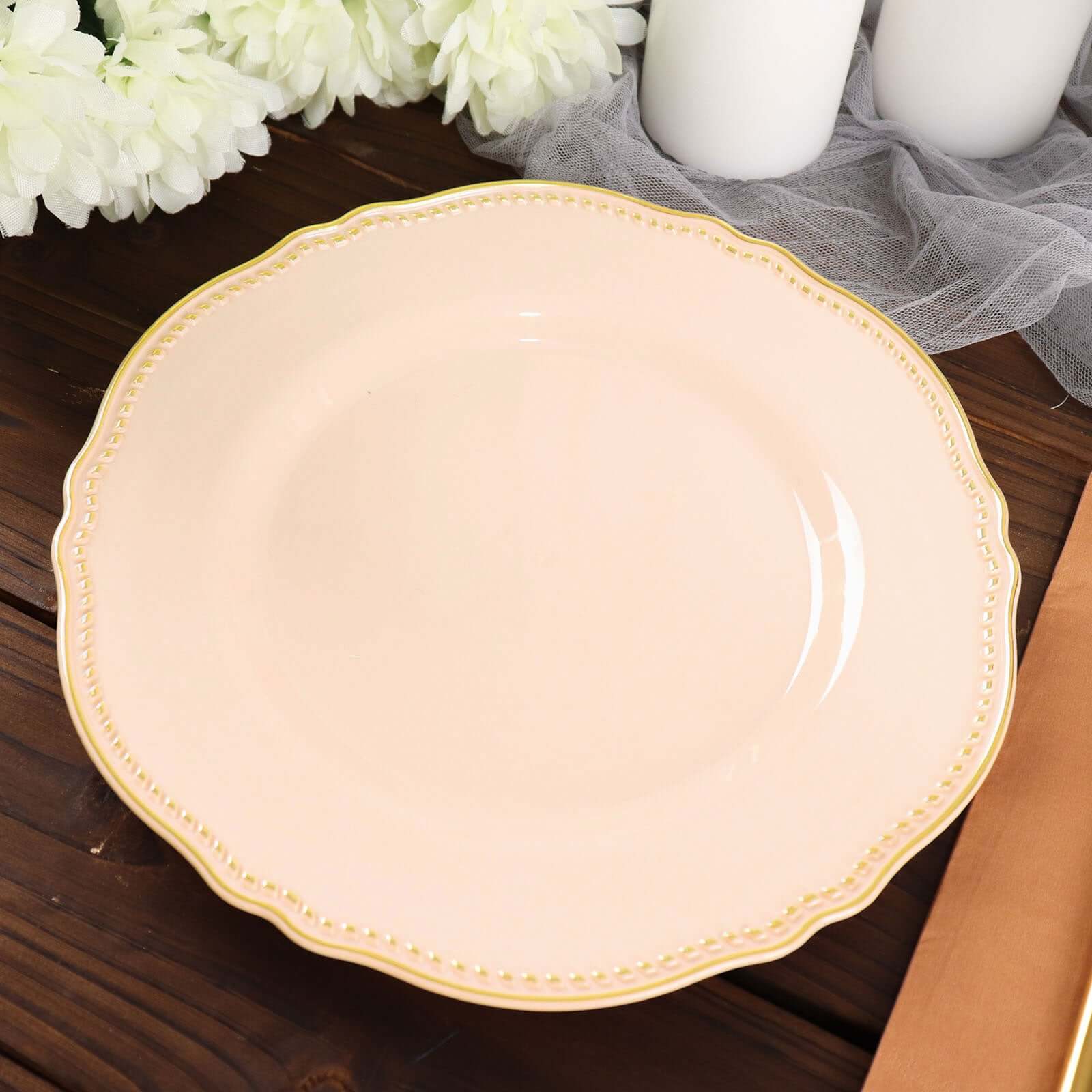 Hot Deal! 10-Pack Disposable Nude Plastic Dinner Plates with Gold Scalloped Rim, 9 Inches