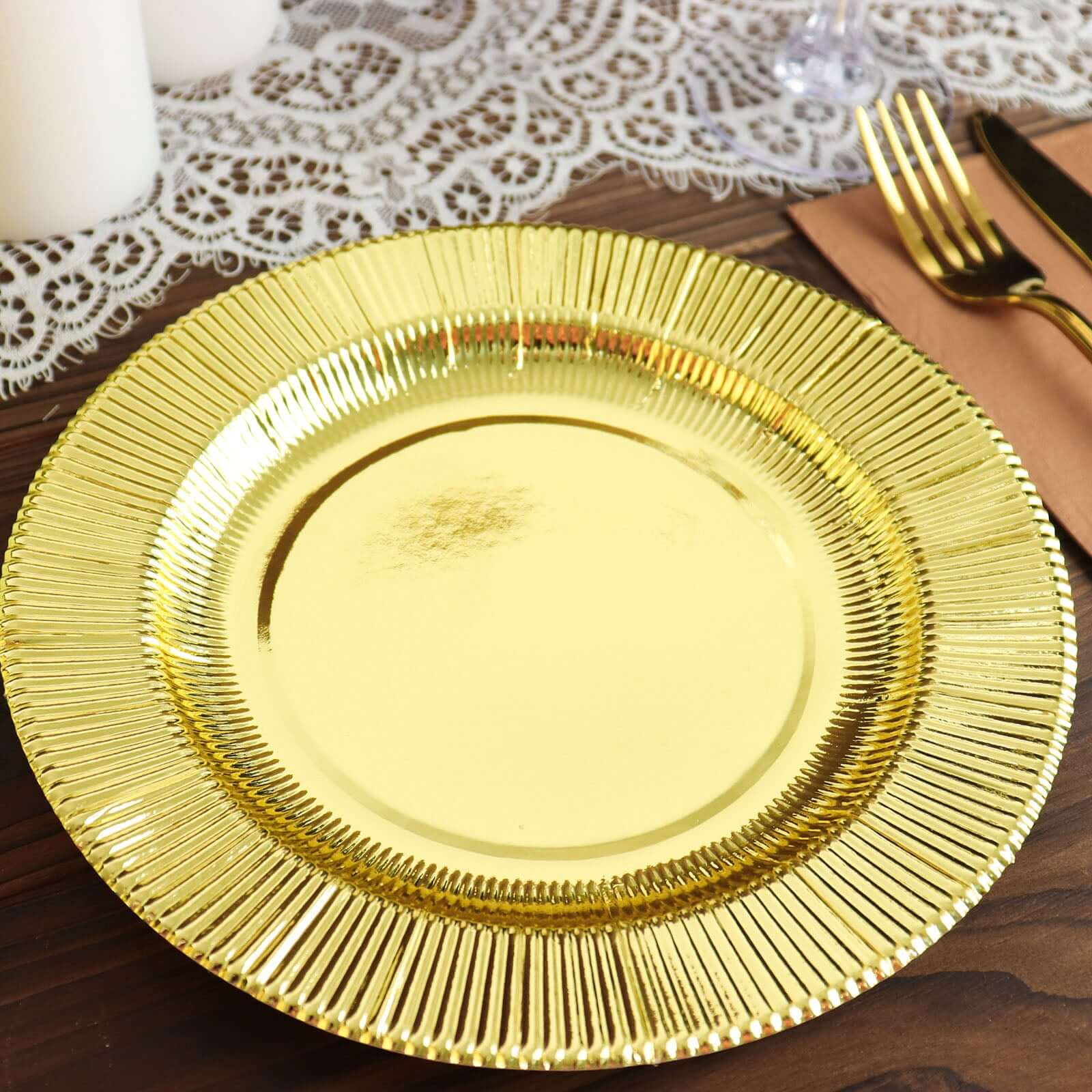 25-Piece Set of Disposable 8-Inch Round Metallic Gold Sunray Design Paper Dessert Plates - Heavy Duty 350GSM