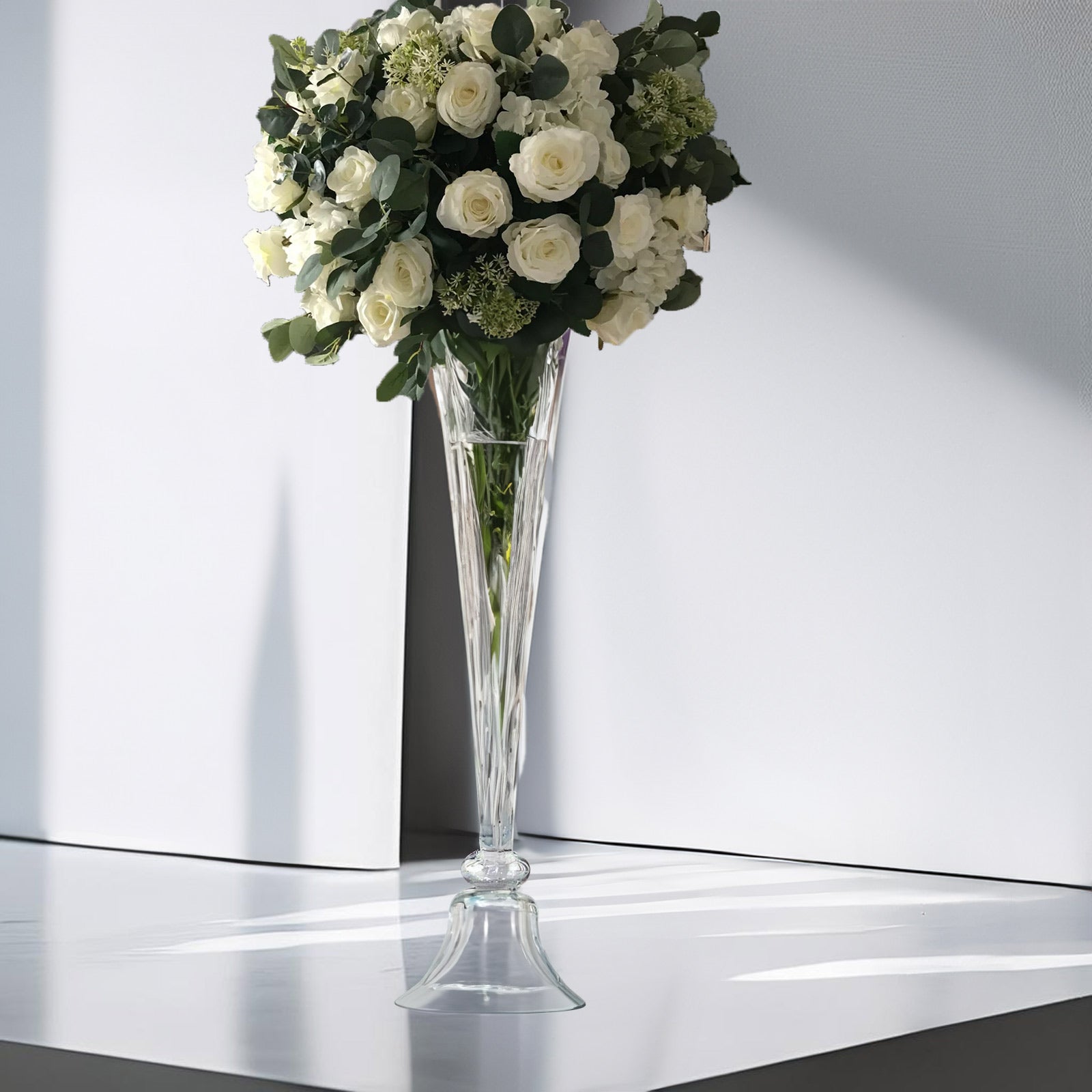 40-Inch Clear Reversible Hand-Crafted Glass Trumpet Floor Vase for Event Decor