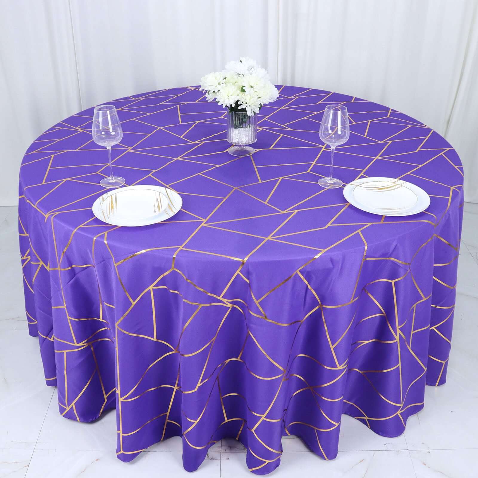 Hot! Wrinkle-Resistant Purple Polyester Round Tablecloth with Gold Foil Geometric Pattern, 120" Dia.
