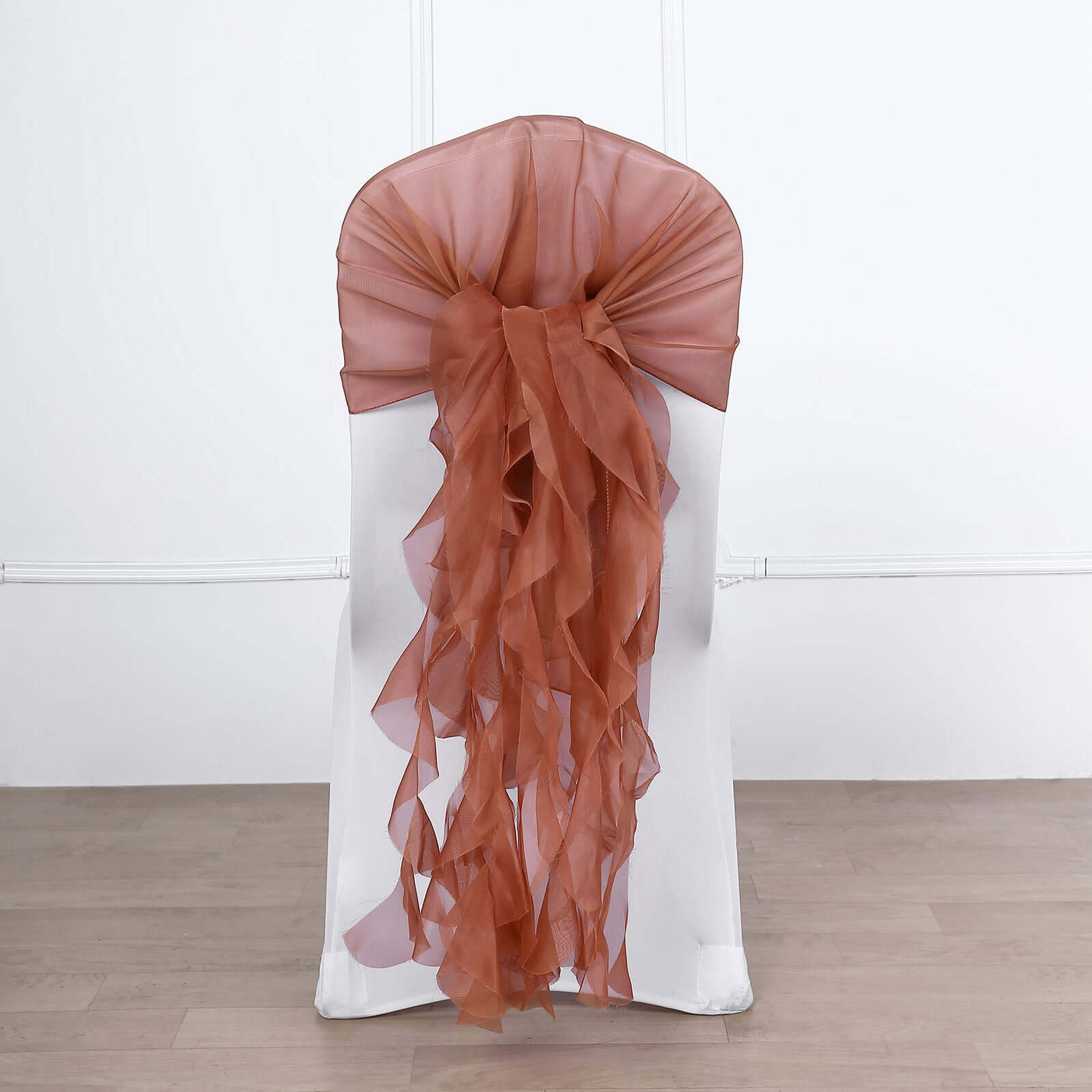 Stylish Terracotta (Rust) Chiffon Chair Sashes Set with Willow Ruffles Design