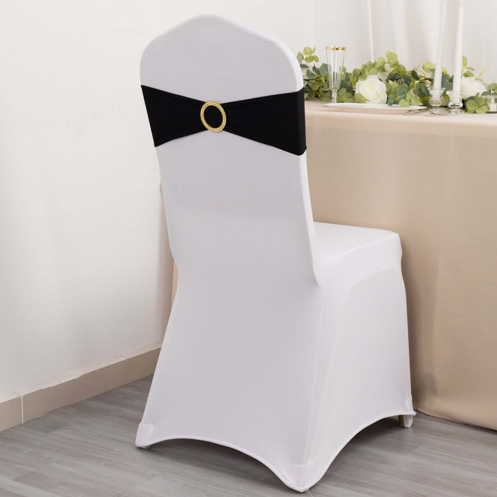 Hot Sale! 5-Piece Set of Reusable Black Spandex Chair Sashes with Gold Rhinestone Plastic Buckles