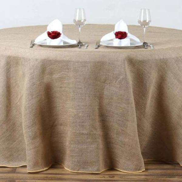 Get This Natural 108-inch Round Burlap Jute Tablecloth for Rustic Boho Chic Decor
