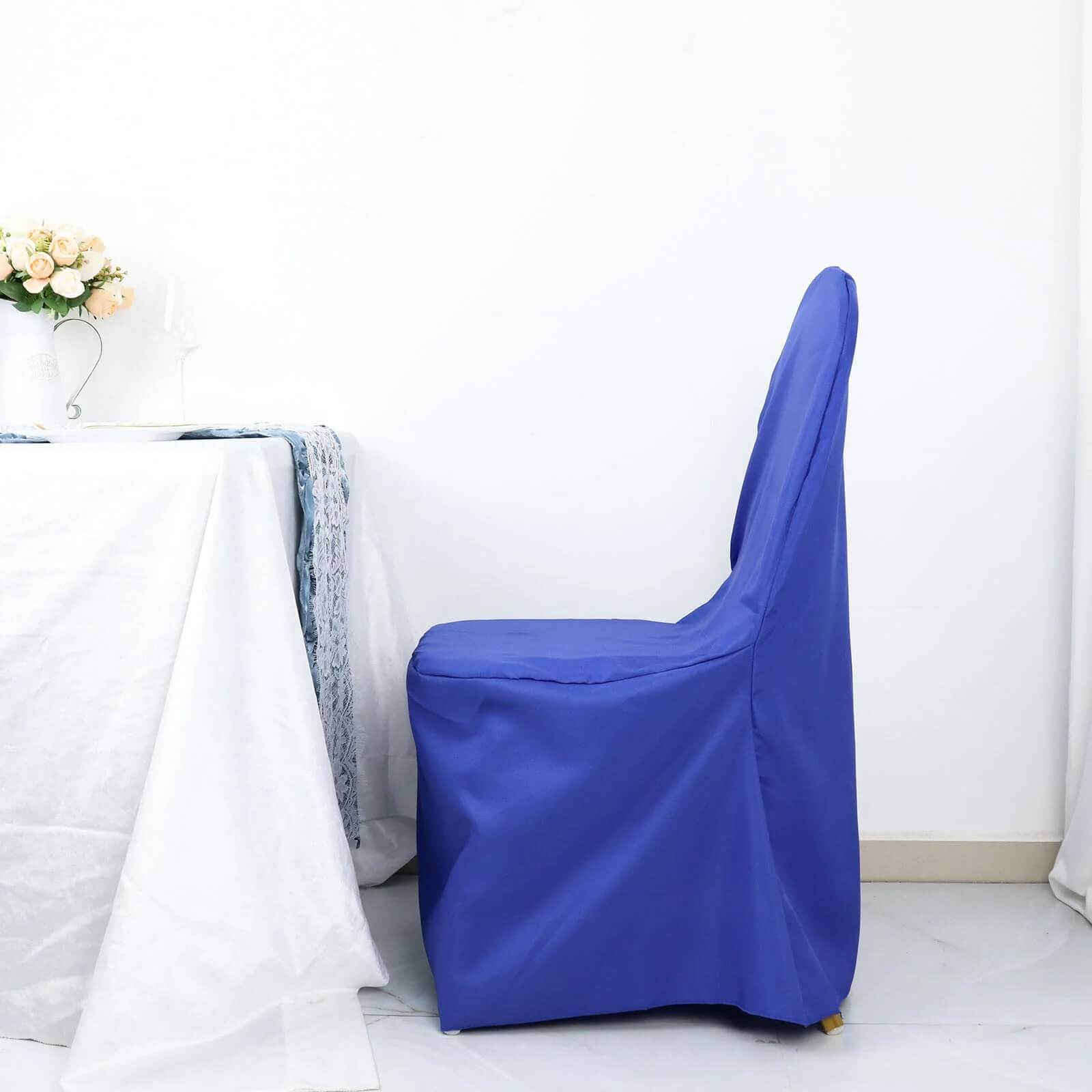 10-Pack Royal Blue Polyester Slip-On Chair Covers for Banquets - Stain & Wrinkle Resistant