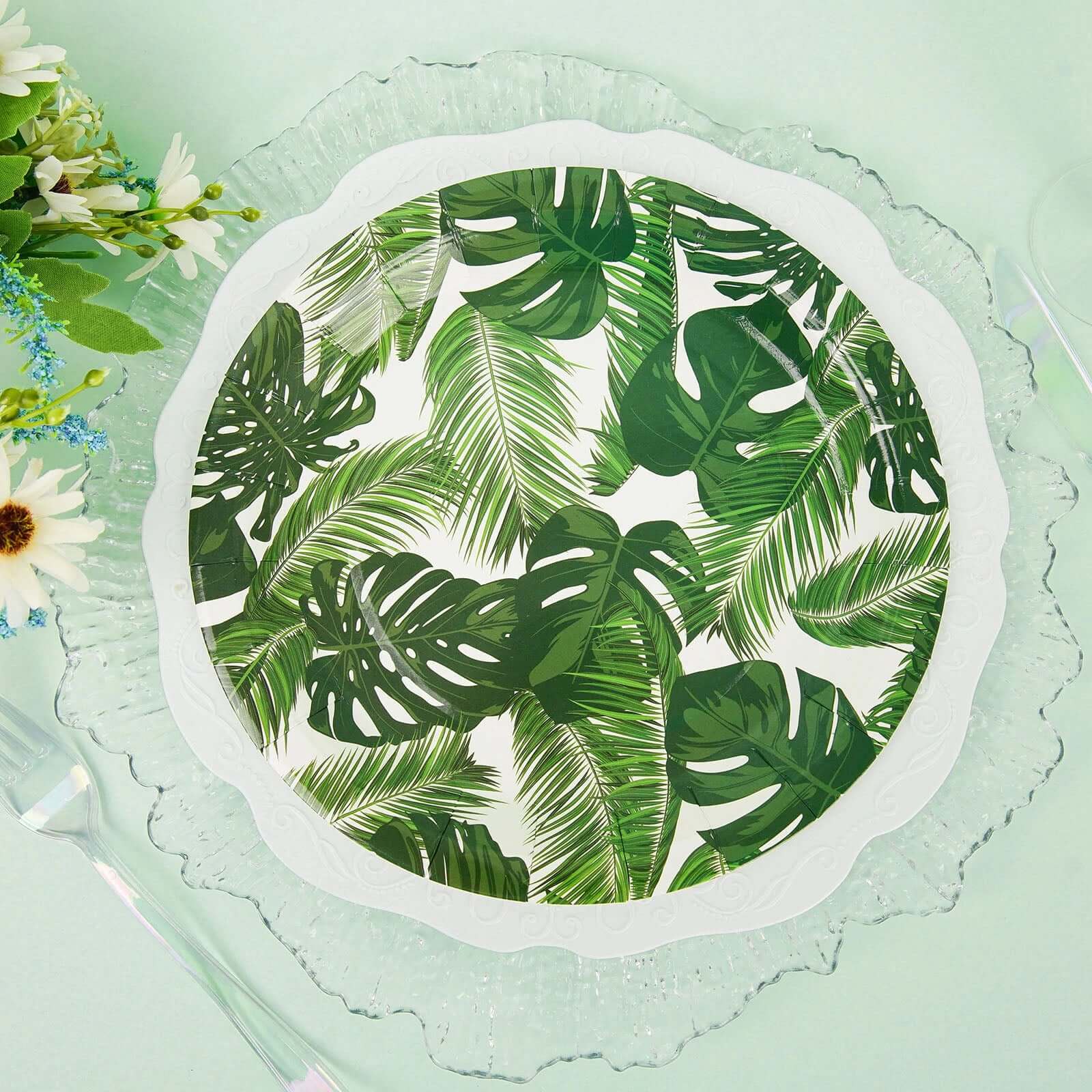 25-Pack Disposable 7-Inch White Paper Dessert Plates with Tropical Palm Leaf Design for Boho & Jungle Themed Parties