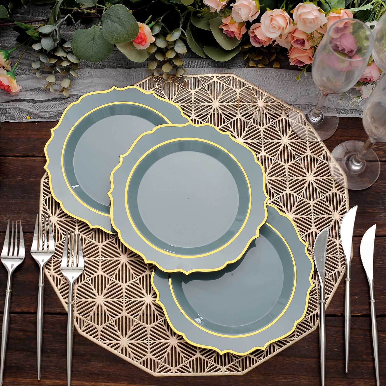 Hot Deal! 10-Pack 8" Disposable Dusty Blue Plastic Desert Plates with Gold Scalloped Rim