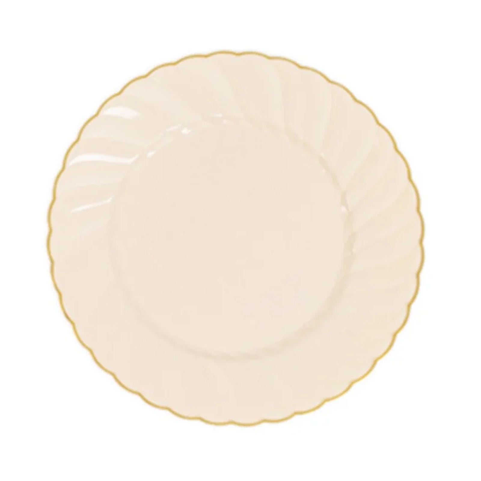 10-Pack Disposable Ivory Plastic Salad Dessert Plates with Gold Flair Rim - Great for Parties