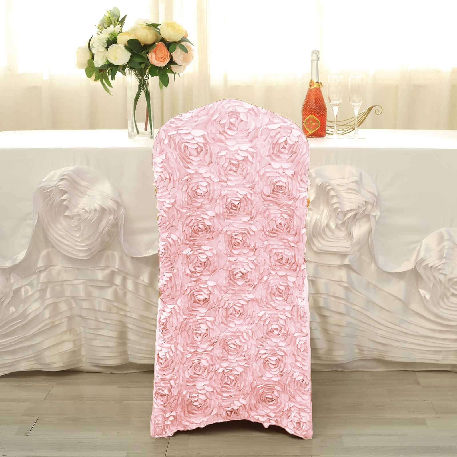 Hot Sale! Stretch Fitted Blush Satin Rosette Banquet Chair Slipcovers