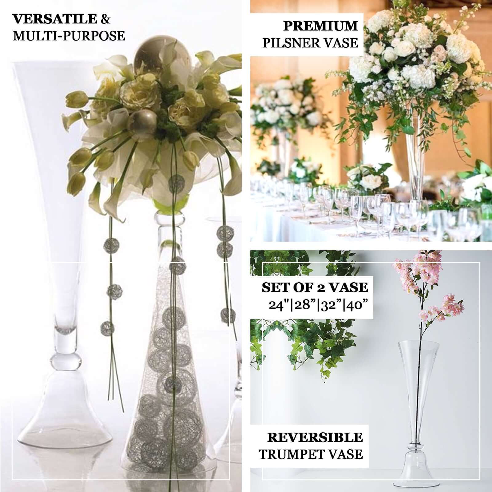 40-Inch Clear Reversible Hand-Crafted Glass Trumpet Floor Vase for Event Decor