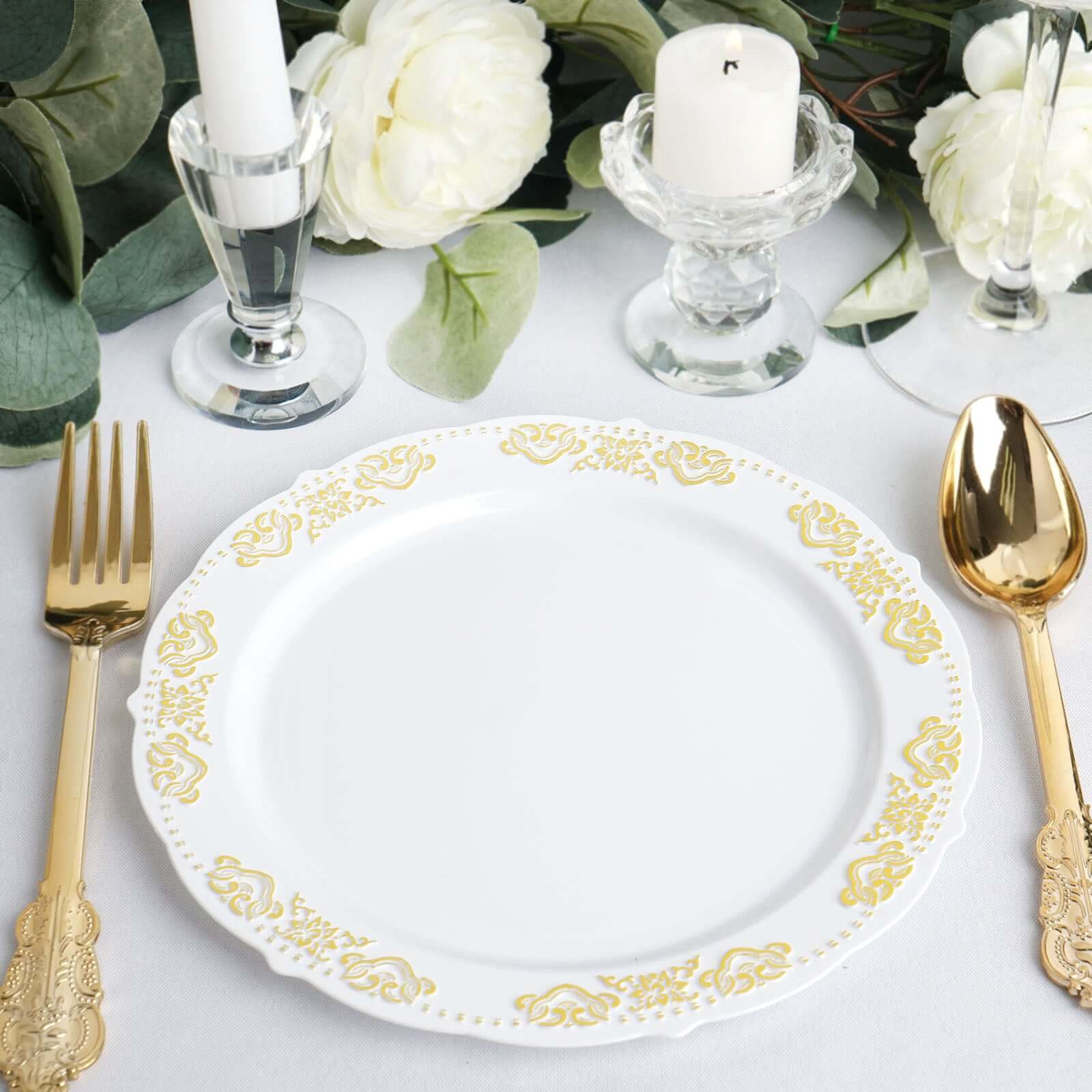 10-Pack White Plastic Round Appetizer Plates with Gold Embossed Scalloped Edge for Special Events