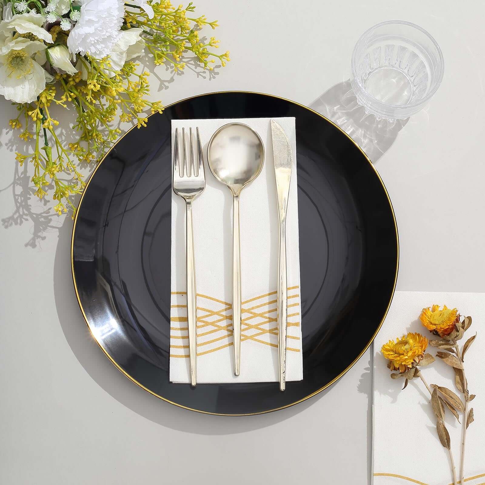10-Piece Set of Glossy Black Plastic Dinner Plates with Gold Rim for Disposable Parties