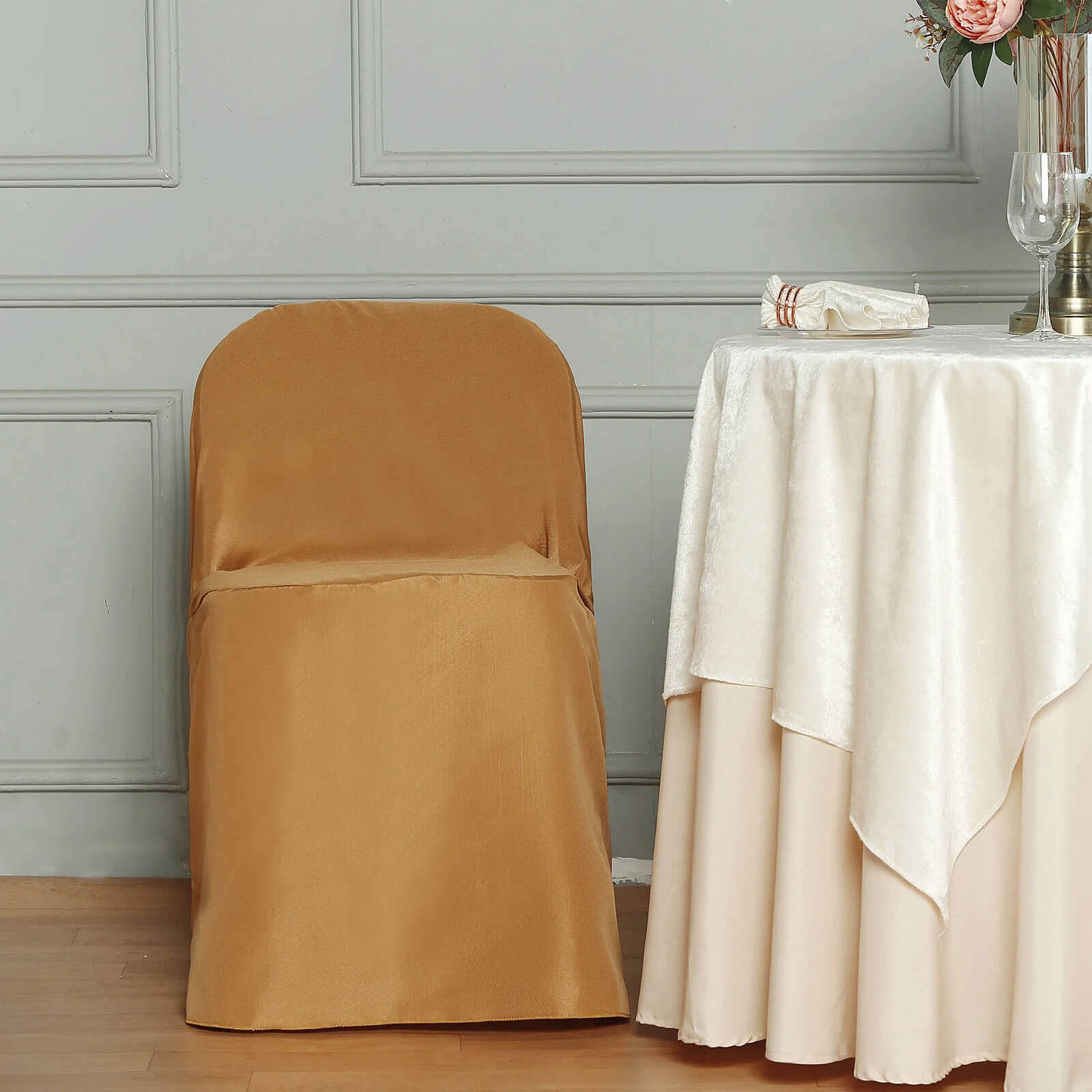 10-Piece Set of Gold Polyester Slip-On Chair Covers for Folding Chairs - Wrinkle-Free & Stain-Resistant