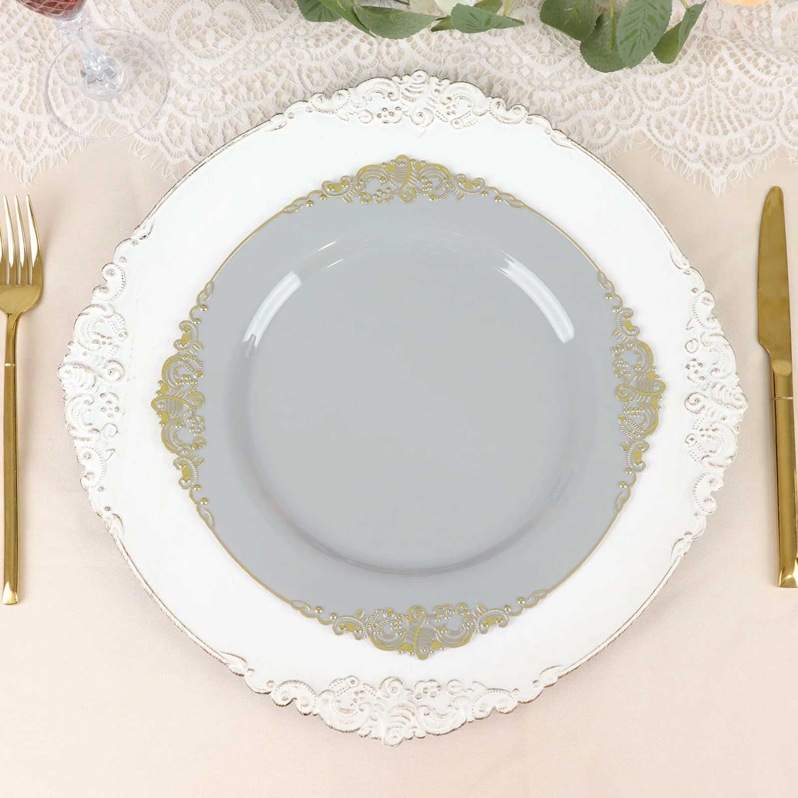 10-Piece Disposable Gray Plastic Round Dinner Plates with Gold Leaf Embossed Rim in Vintage Baroque Style