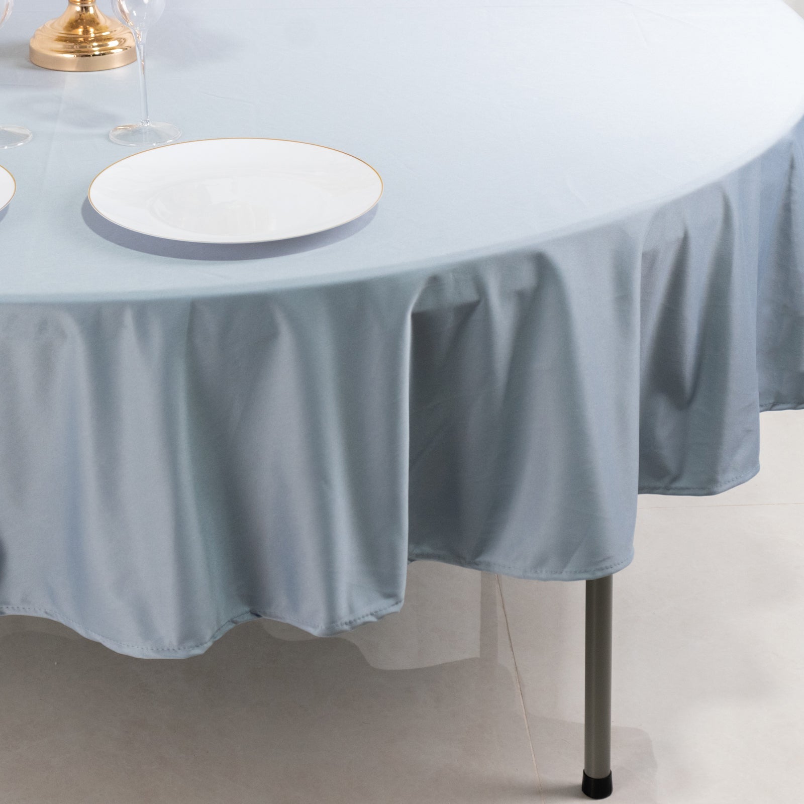 Stylish Seamless Dusty Blue Satin 132-Inch Round Tablecloth