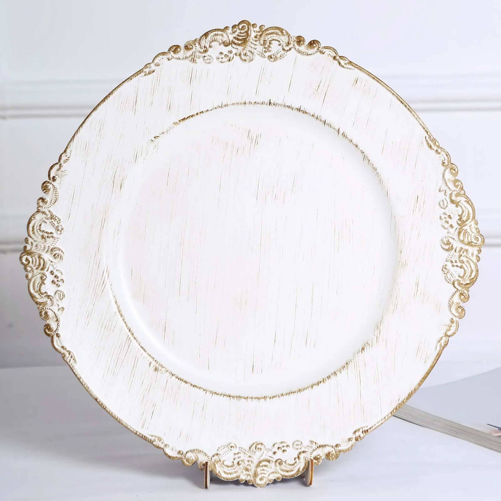 6-Piece Set of 13-Inch White Washed Acrylic Round Charger Plates with Gold Embossed Baroque Rim for Dinner Parties