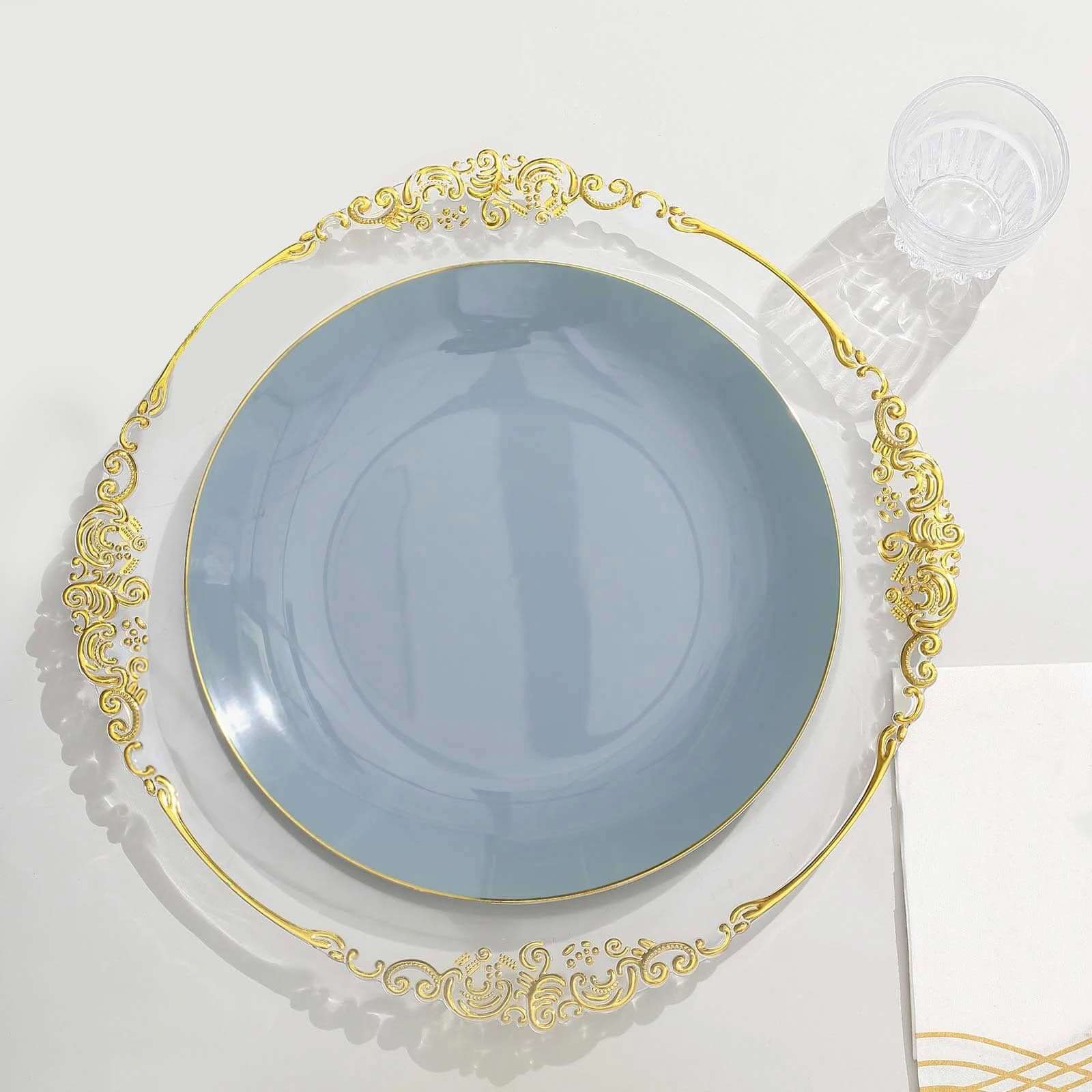 10-Piece Set of Disposable Round Dinner Plates in Dusty Blue with Gold Rim