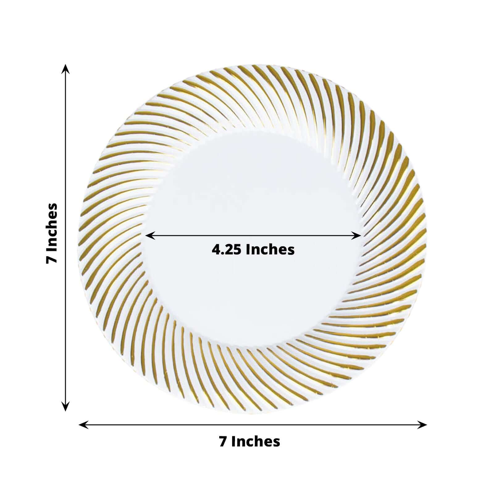 10-Pack Disposable White Plastic Round Dessert Plates with Gold Swirl Rim for Elegant Events