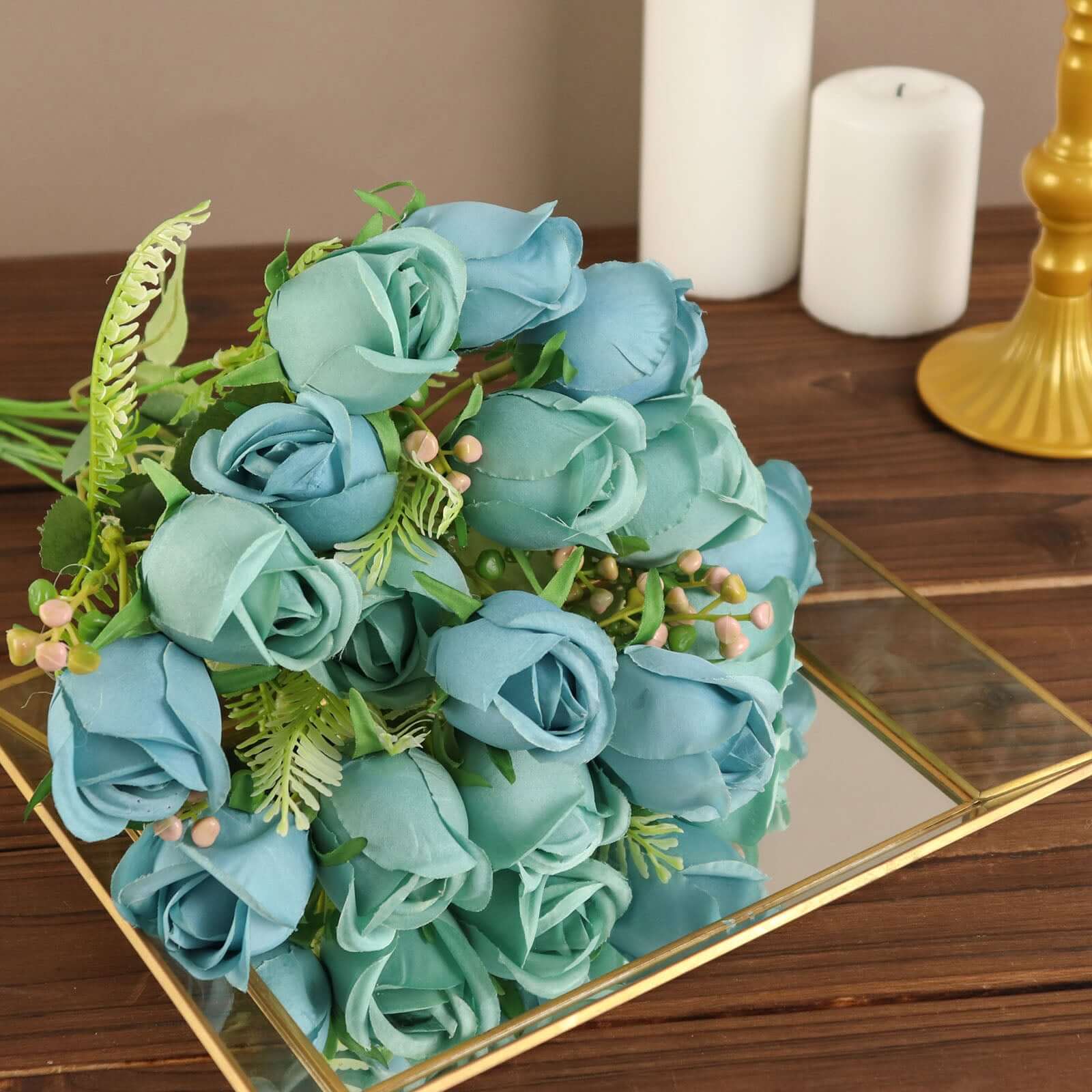 Hot Deal! 3-Pack 13" Dusty Blue Real Touch Silk Rose Bud Bridal Bouquets