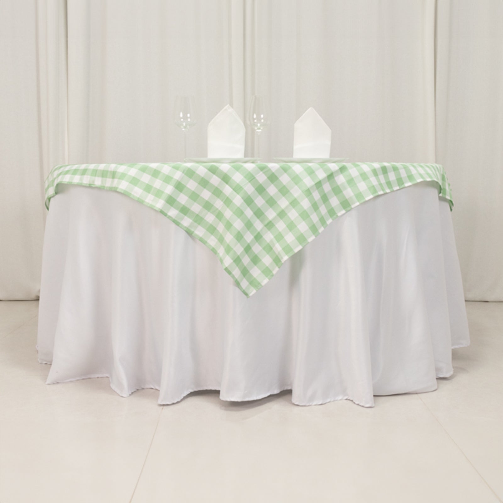Exclusive Polyester Square Table Overlay - 54x54 White/Sage Green Checkered Buffalo Plaid for Casual Tables