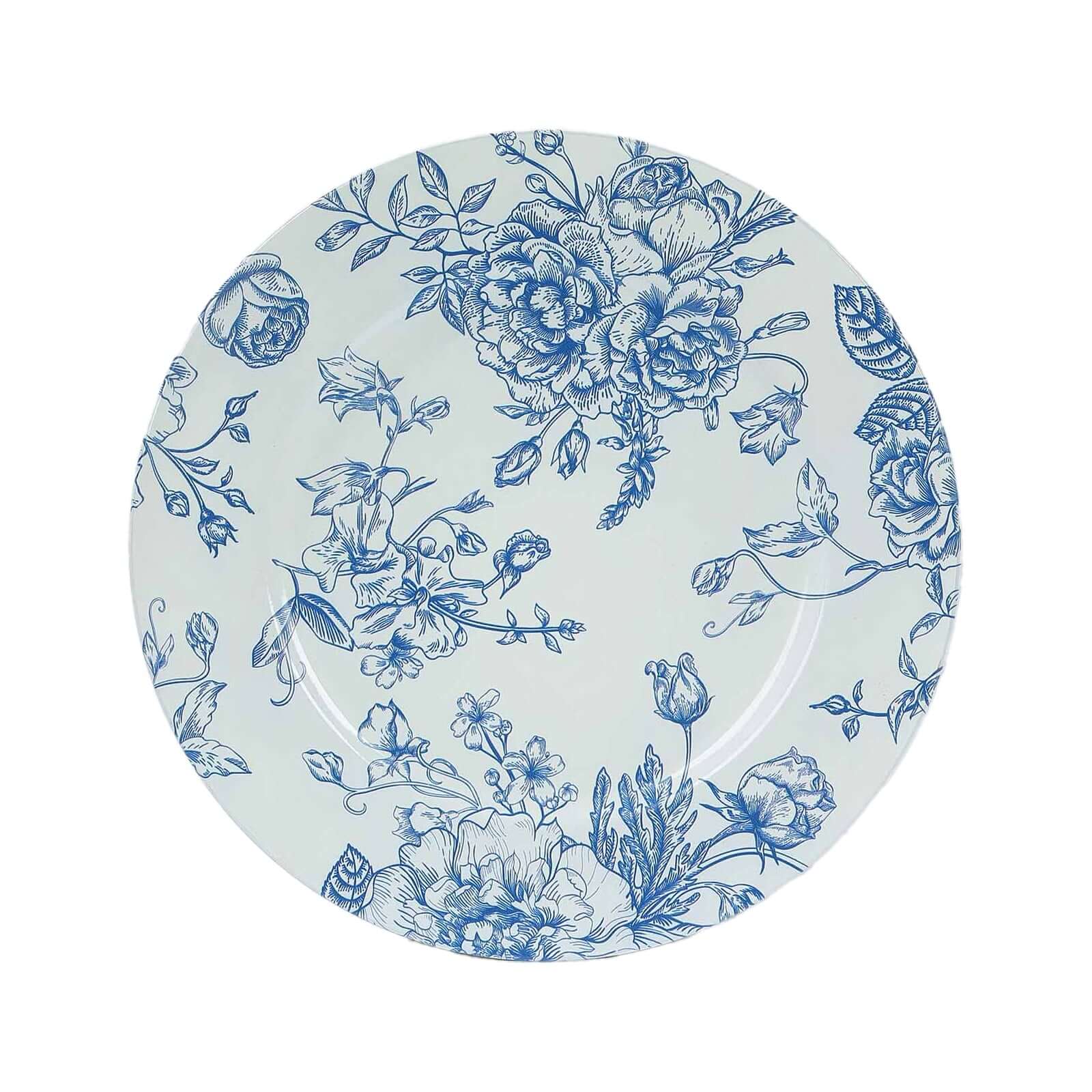 6-Piece Set of White Acrylic Round Charger Plates with Light Blue Floral French Toile Design - Ideal for Dinner Parties