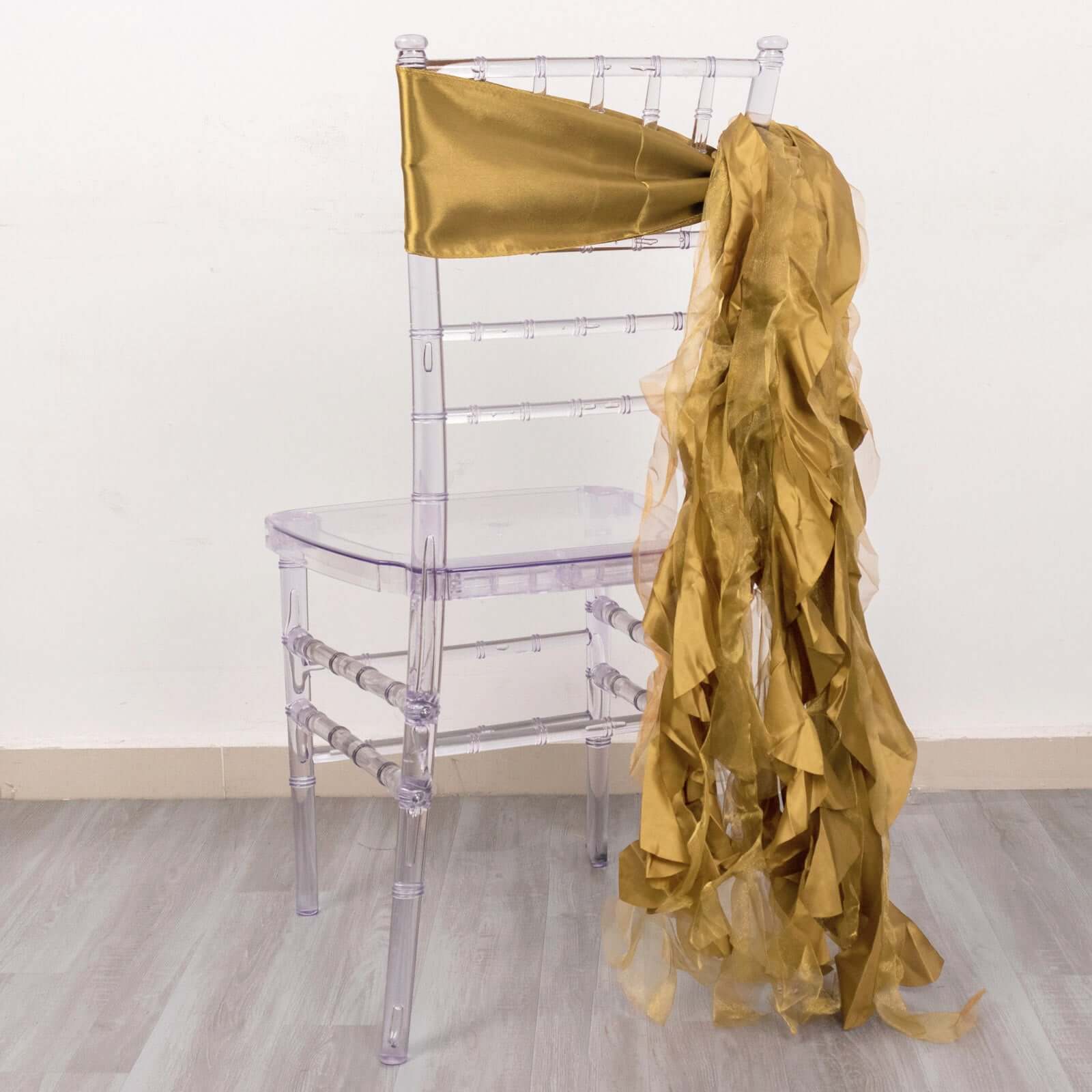 5-Pack Gold Chiffon Satin Curly Willow Chair Sashes - Easy Install, Ideal for Weddings