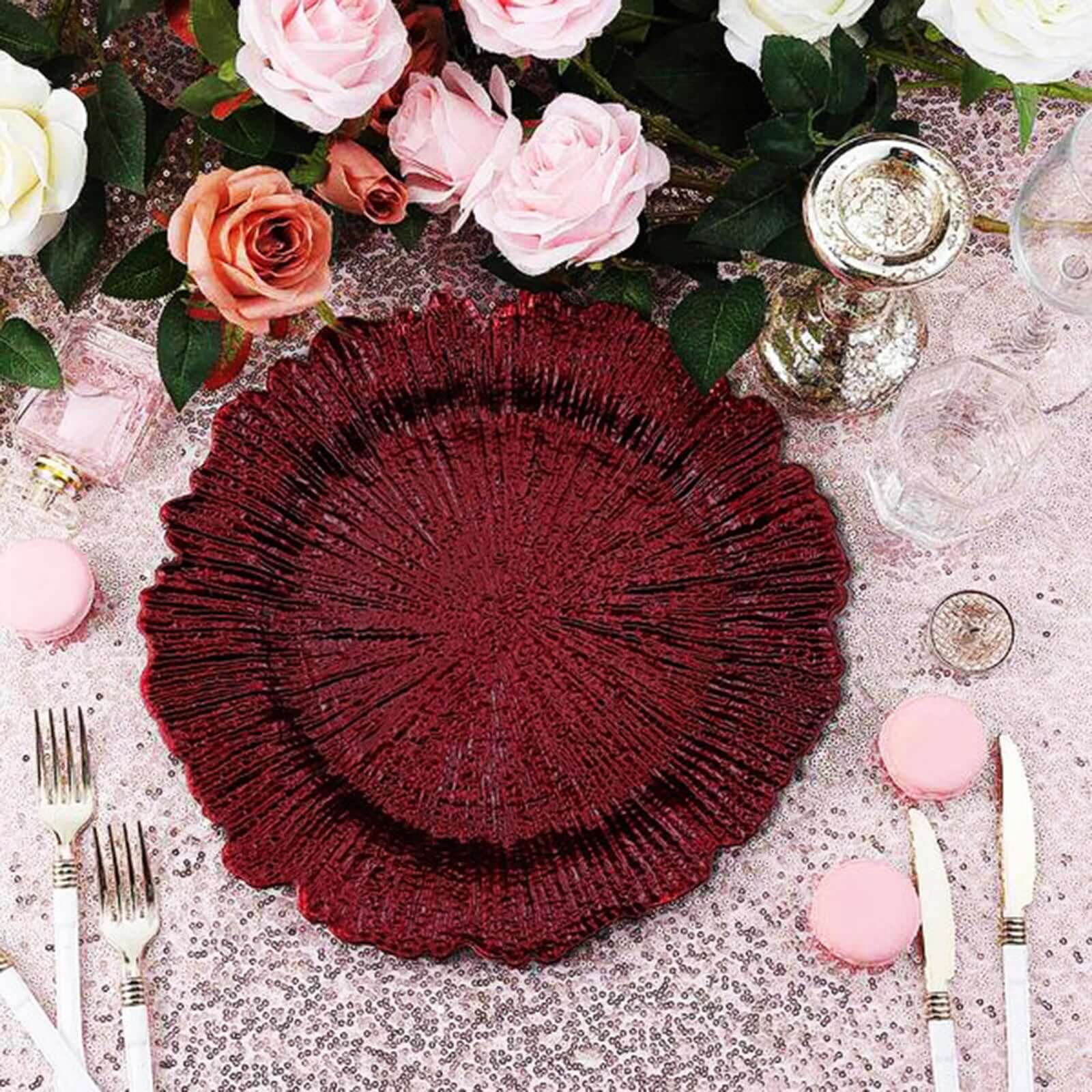6-Piece Set of 13-Inch Burgundy Acrylic Plastic Round Dinner Charger Plates with Reef Design