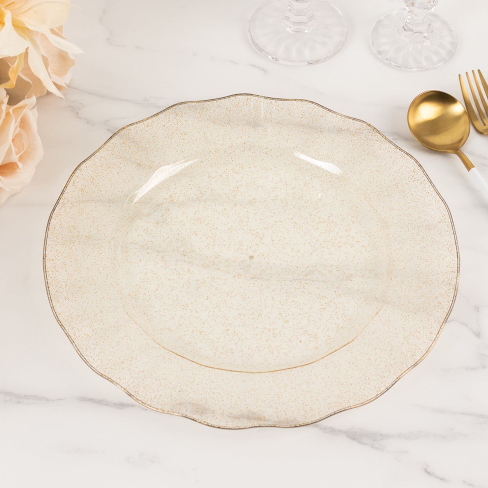 Get 10-Pack of Sturdy Disposable Gold Glitter Round Plastic Dinner Plates with Ruffled Rim