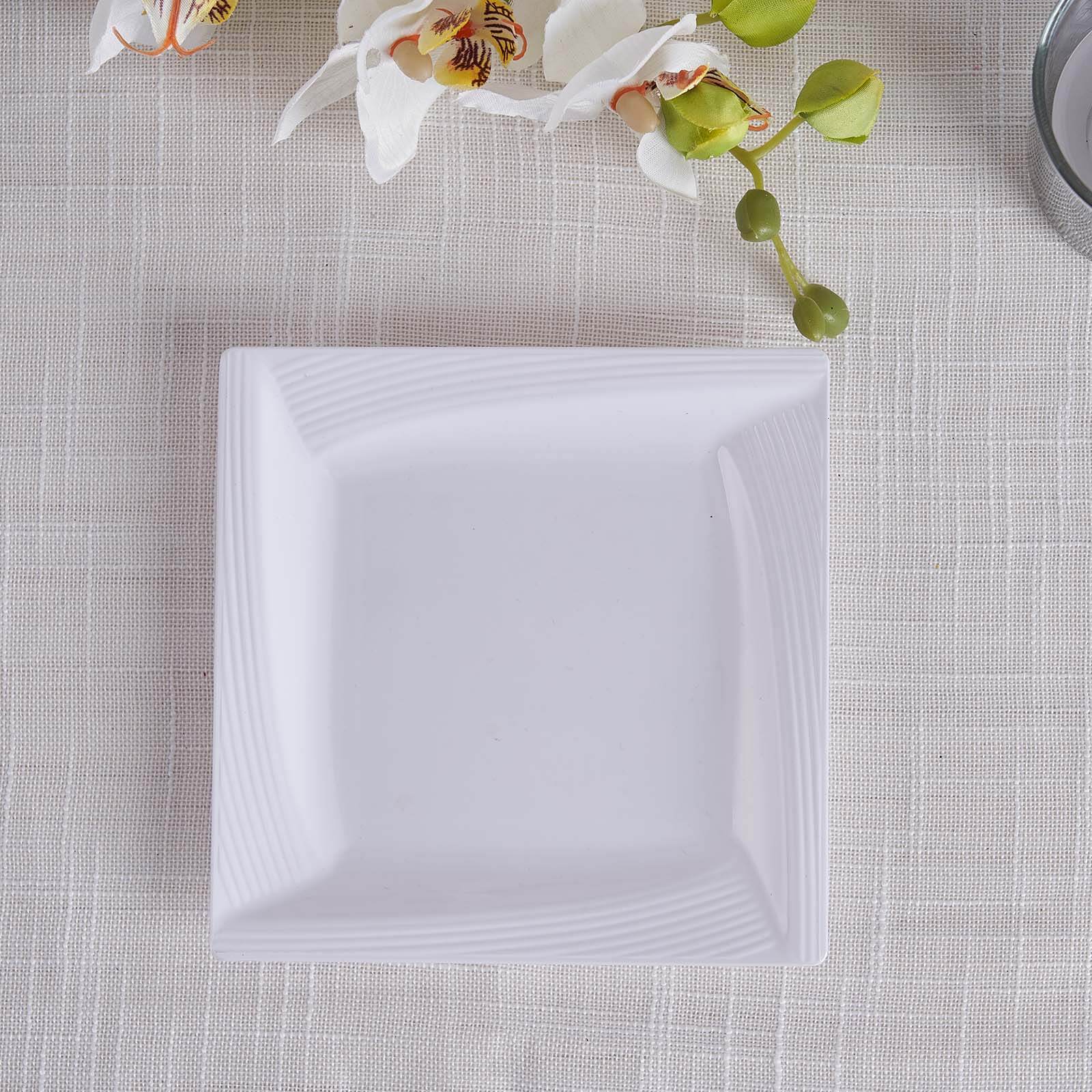 10-Pack White Disposable Plastic Square Dessert and Salad Plates with Geometric Ridge Trim for Stylish Events