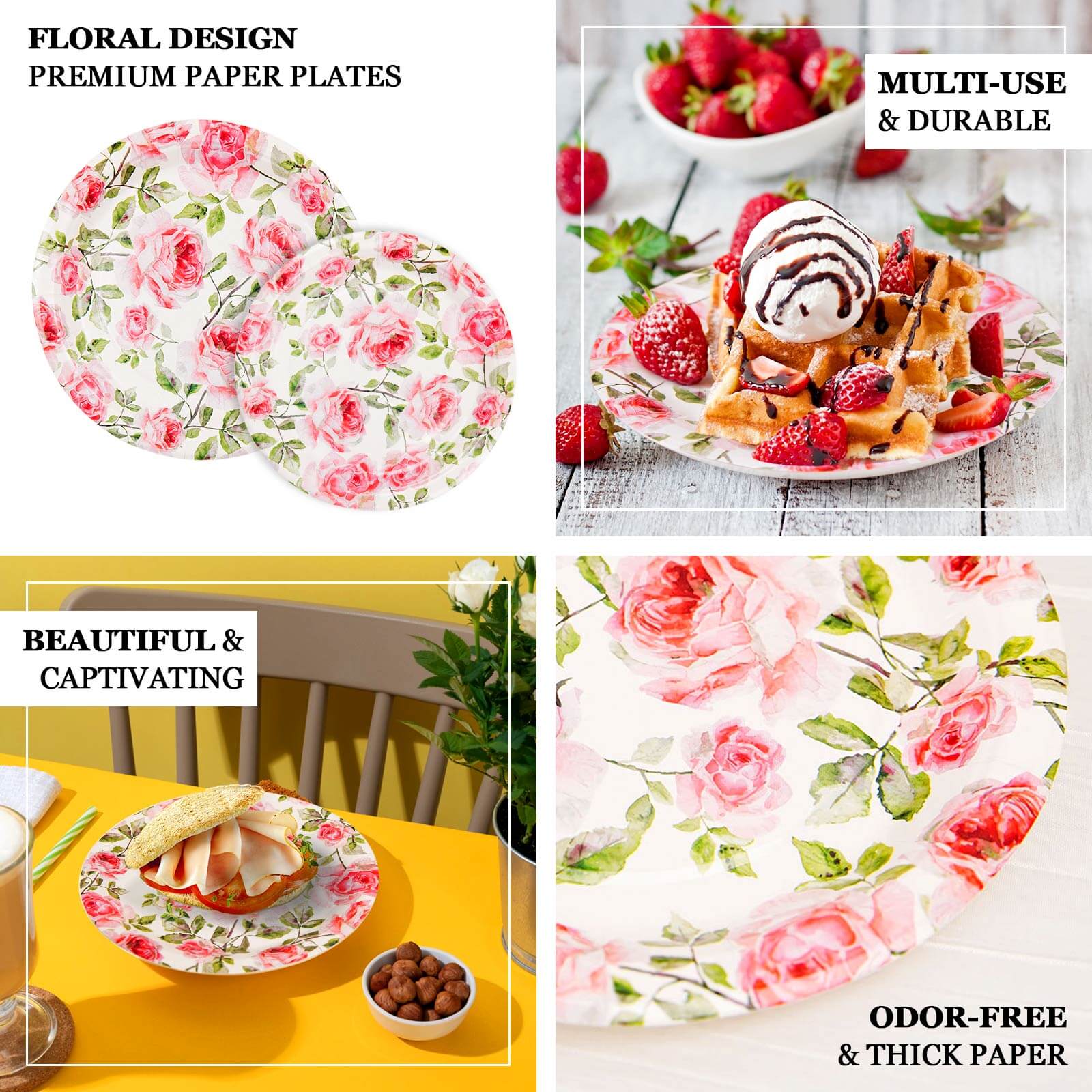 Get 25 Pack of Premium Dinner Paper Plates with Rose Flower Bouquet Design - 9
