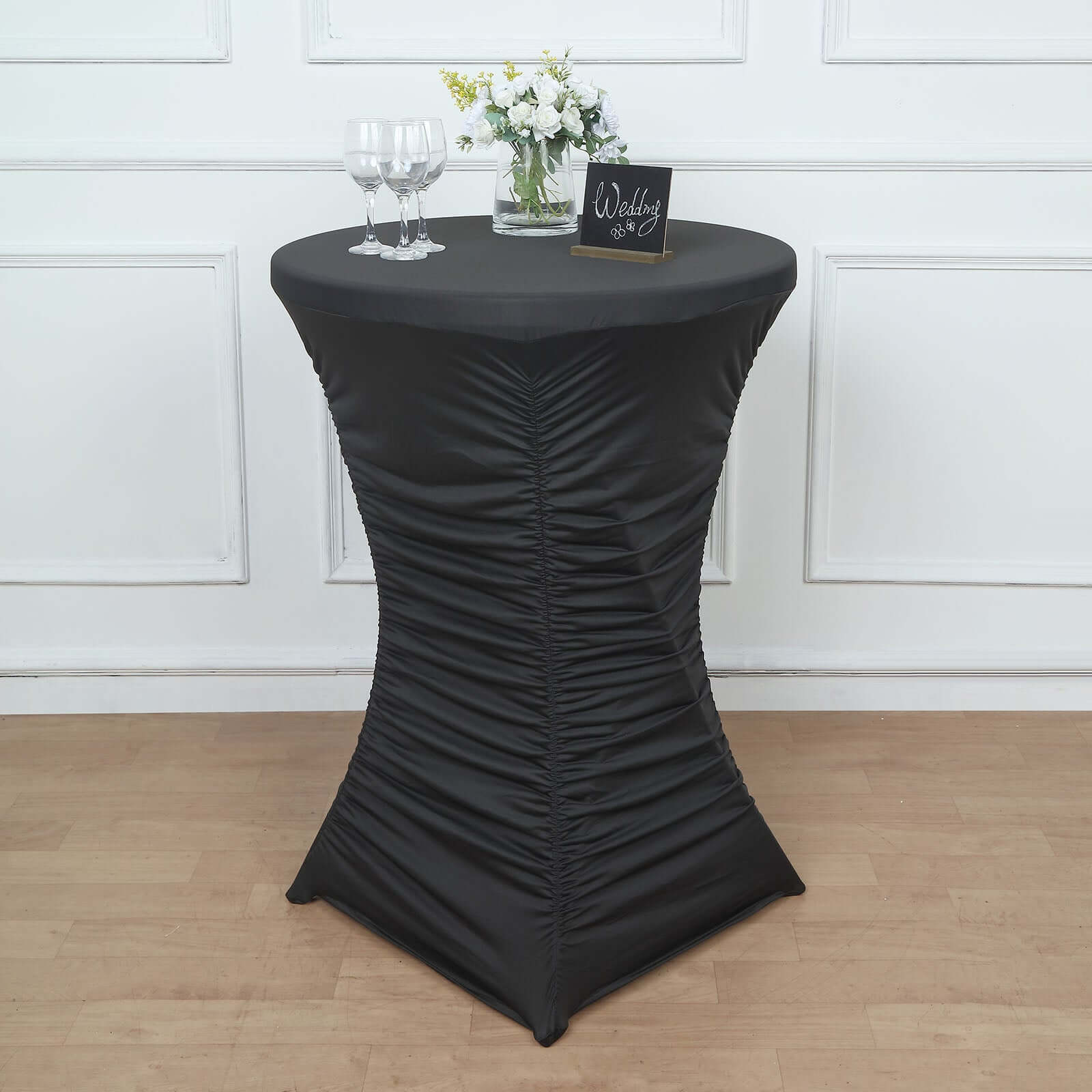 Durable Heavy - Duty Black Spandex Ruched Pleated Fitted 32 - Inch Round Cocktail Table Cover
