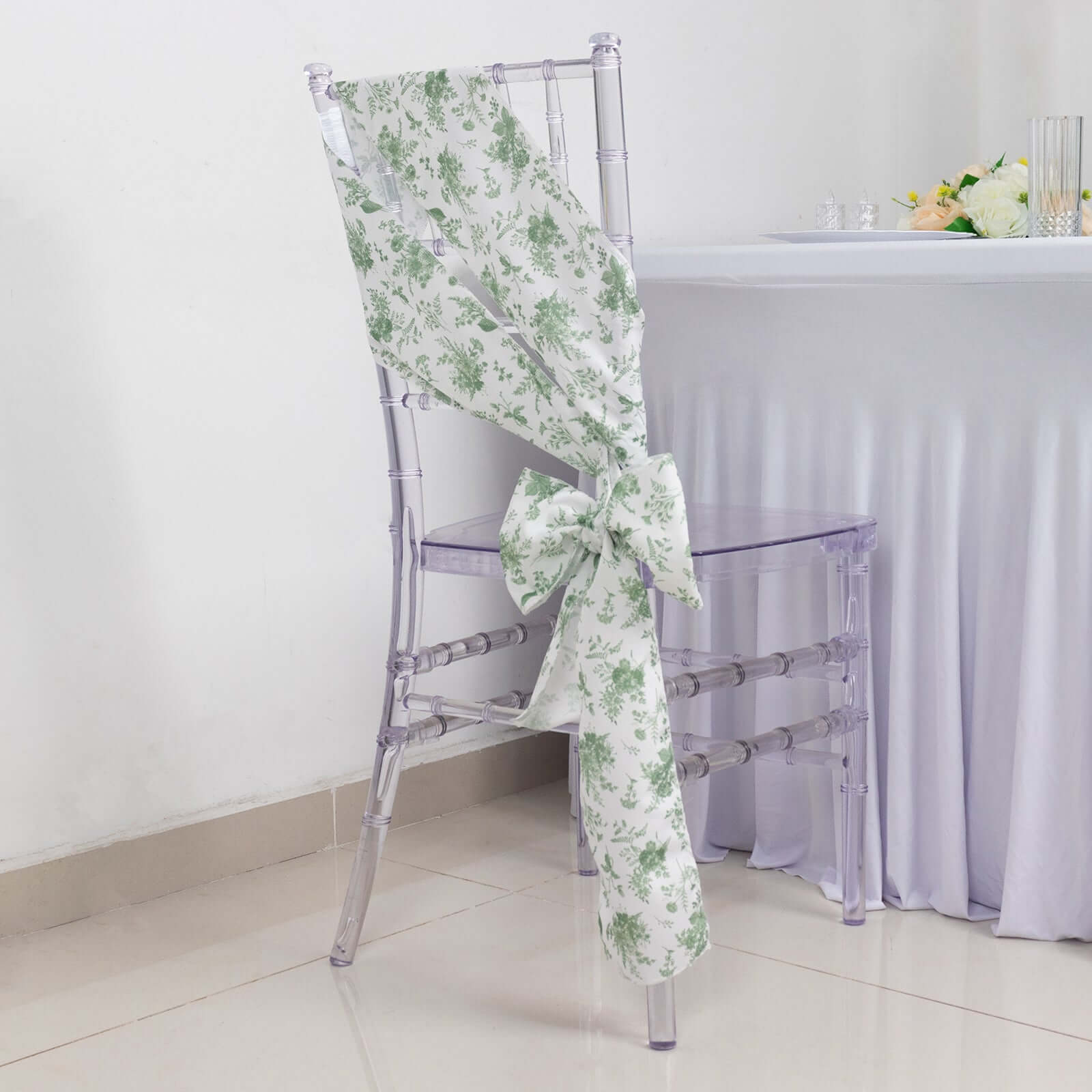 5-Pack French Toile Floral Polyester Chair Sashes in Dusty Sage Green - Stylish, Durable & Reusable