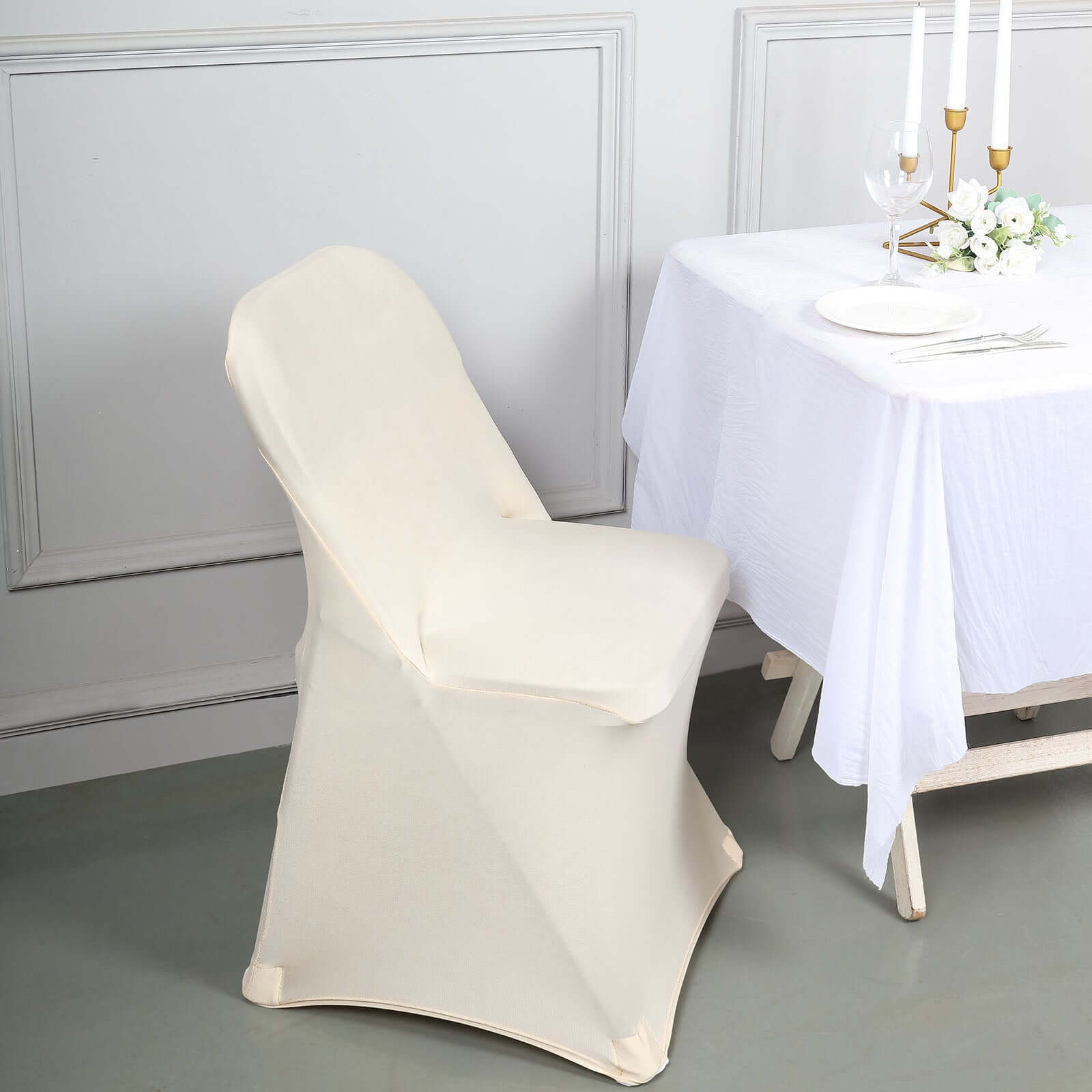 Premium Reusable Beige Spandex Stretch Slipcover for Folding Chairs - 160GSM Wrinkle-Resistant