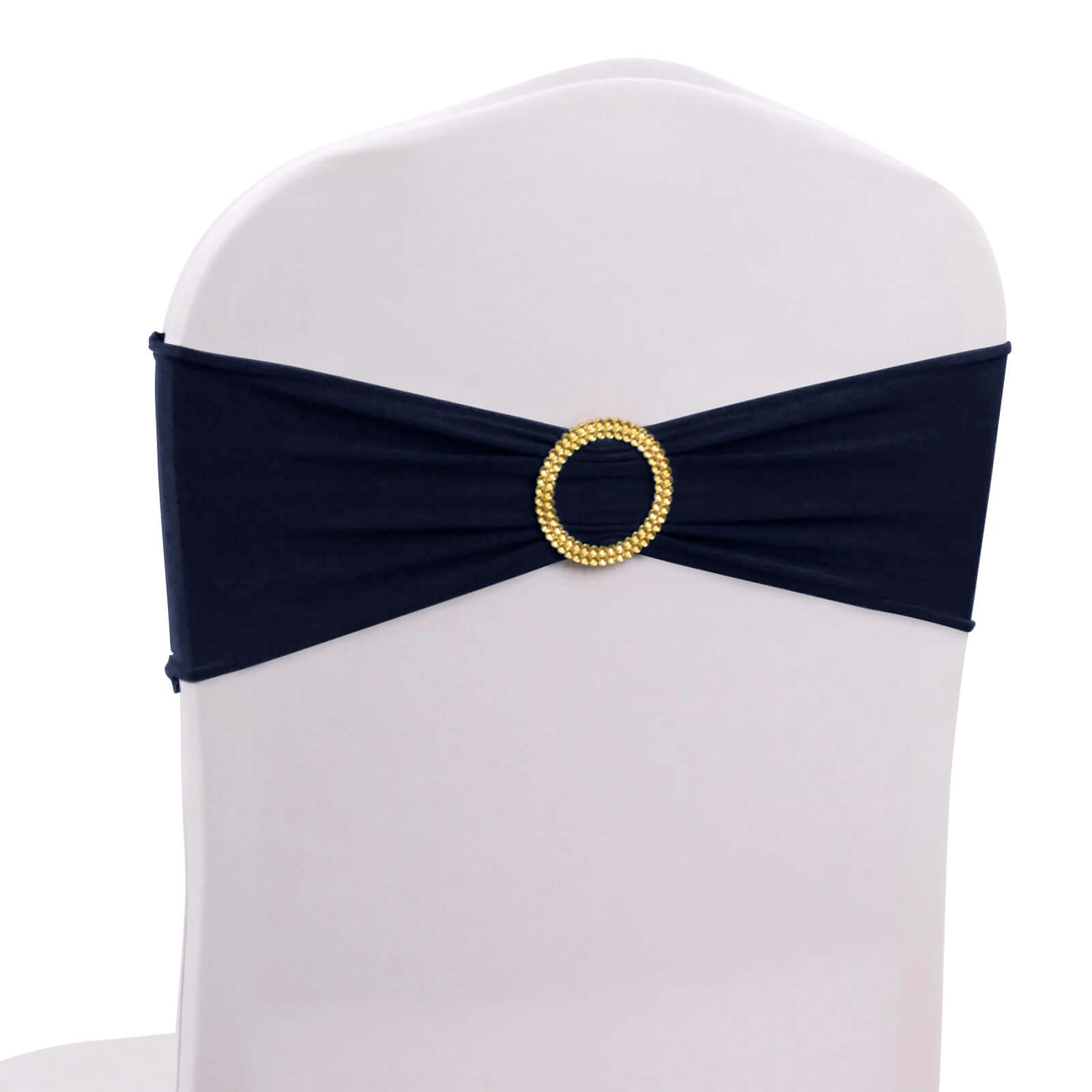 5-Piece Set of Navy Blue Spandex Chair Sashes with Gold Rhinestone Buckles - Reusable 4-Way Stretch Bands